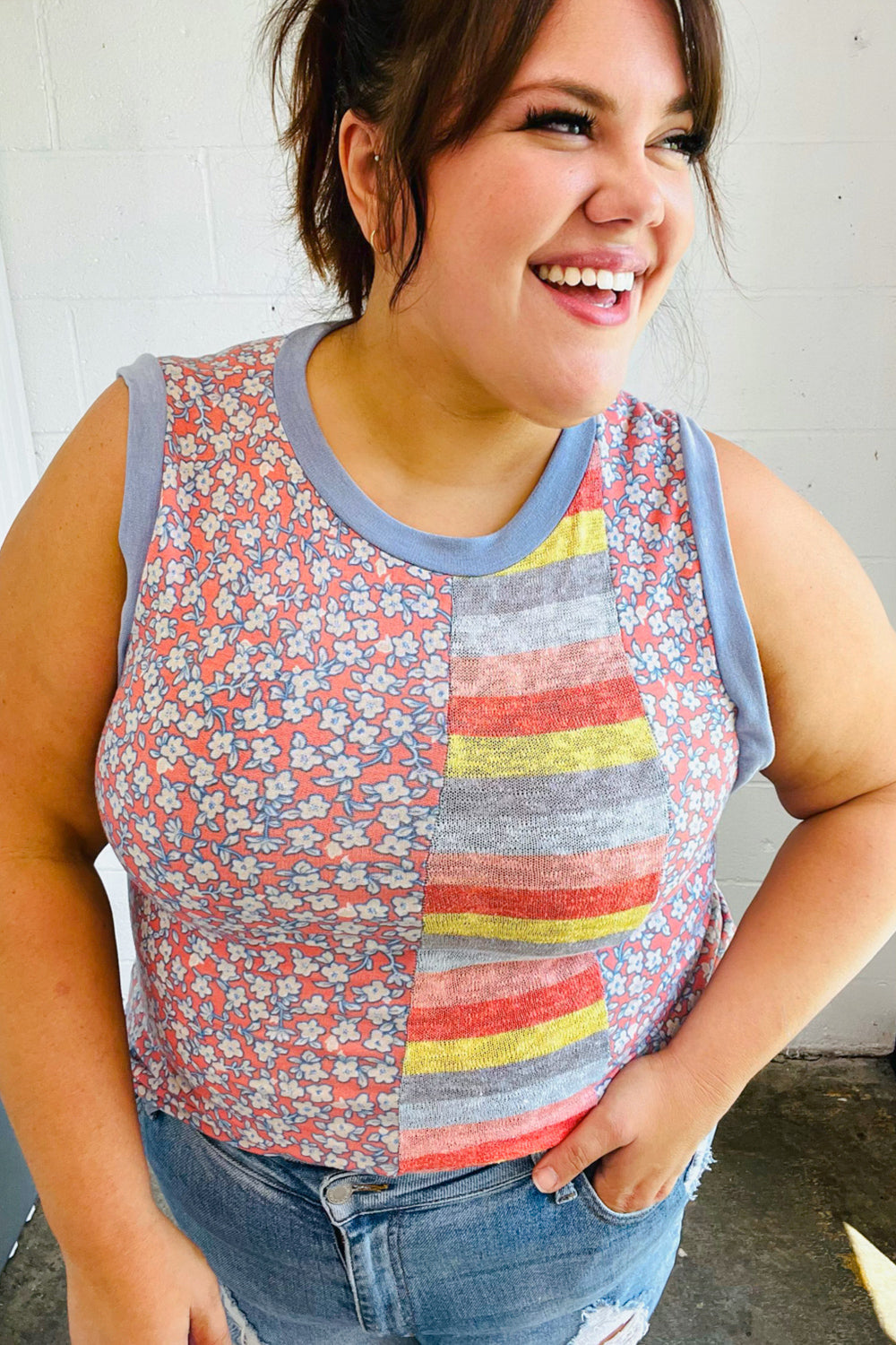 Coral & Denim Stripe Floral Print Tank Top (Open Pack)