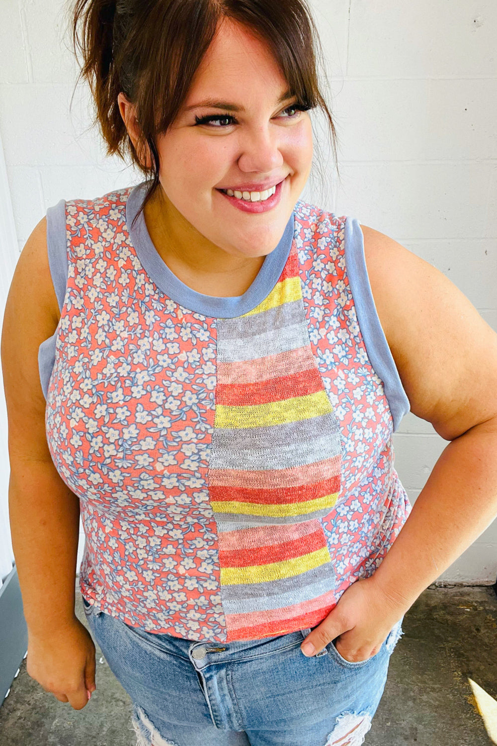 Coral & Denim Stripe Floral Print Tank Top (Open Pack)