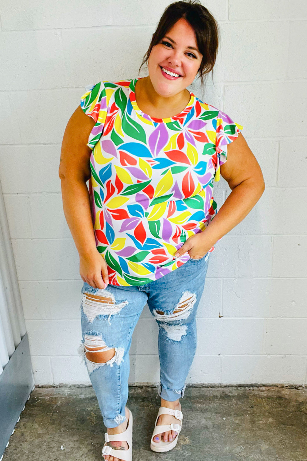 Feeling Playful Lavender & Yellow Floral Print Flutter Sleeve Top (Open Pack)
