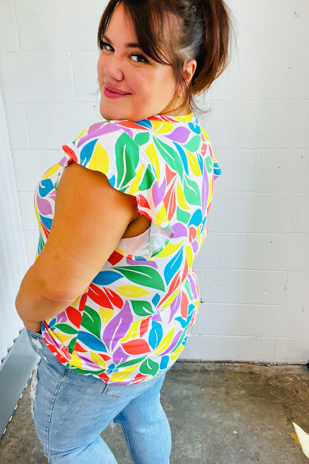 Feeling Playful Lavender & Yellow Floral Print Flutter Sleeve Top (Open Pack)