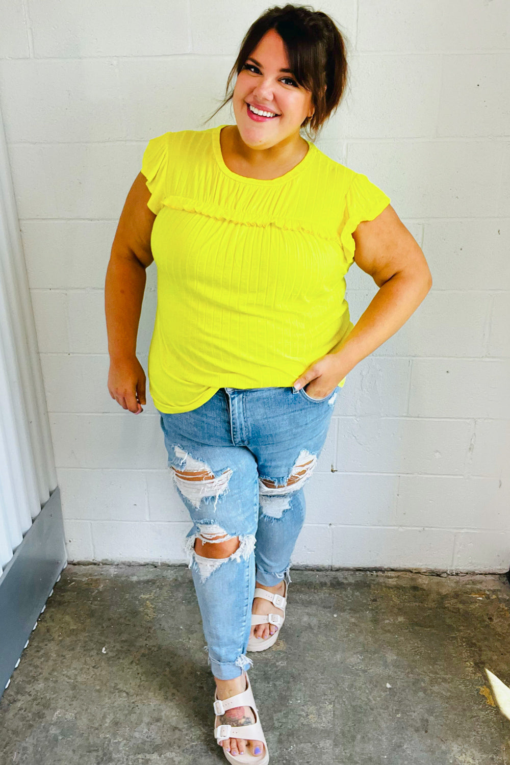 Yellow Wide Rib Frilled Short Sleeve Yoke Top (Open Pack)