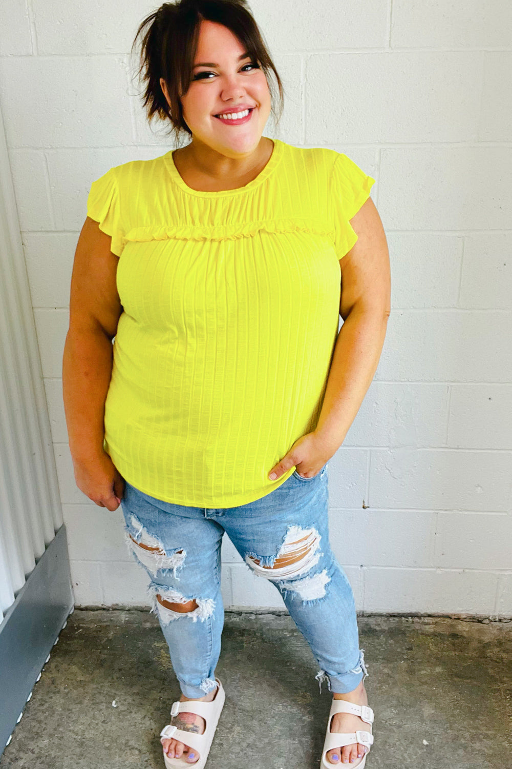 Yellow Wide Rib Frilled Short Sleeve Yoke Top (Open Pack)