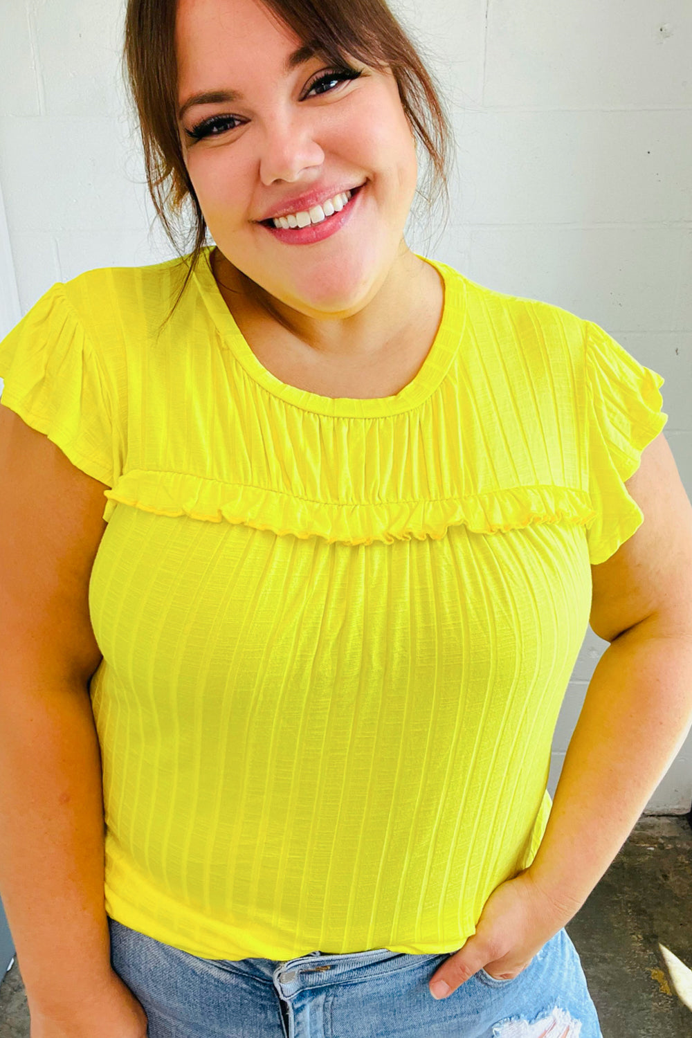 Yellow Wide Rib Frilled Short Sleeve Yoke Top (Open Pack)
