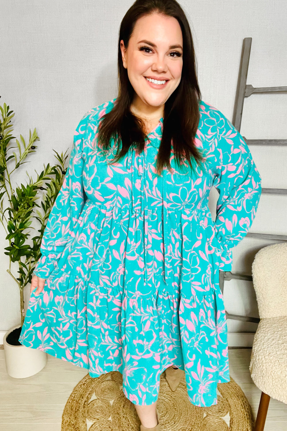 Boho Romance Mint Floral Print Front Ribbon Bow Tiered Dress (Open Pack)