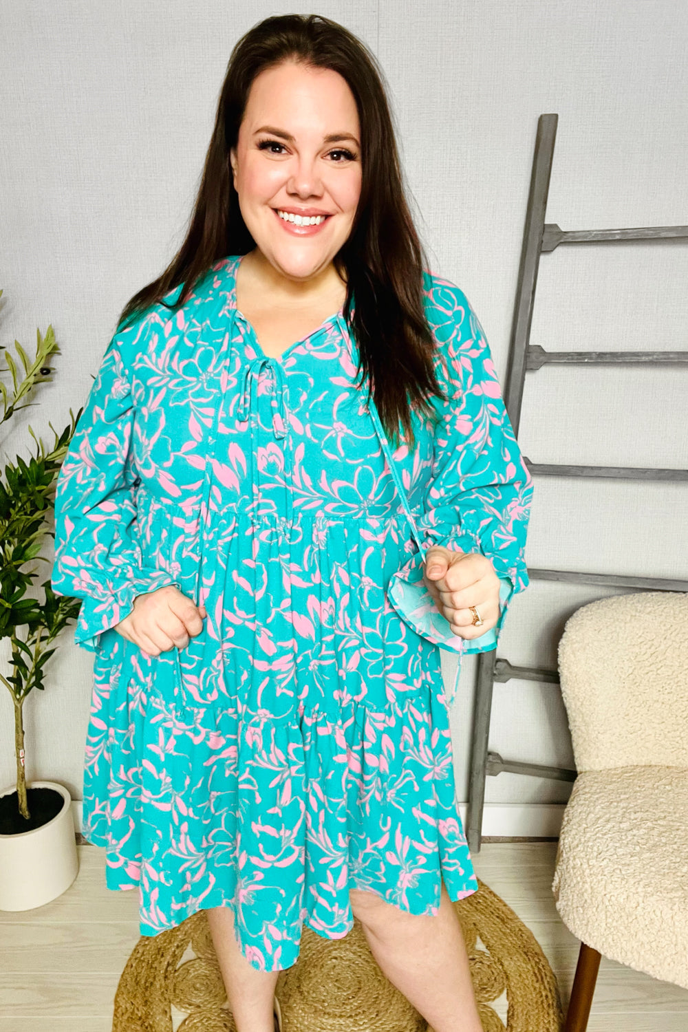 Boho Romance Mint Floral Print Front Ribbon Bow Tiered Dress (Open Pack)