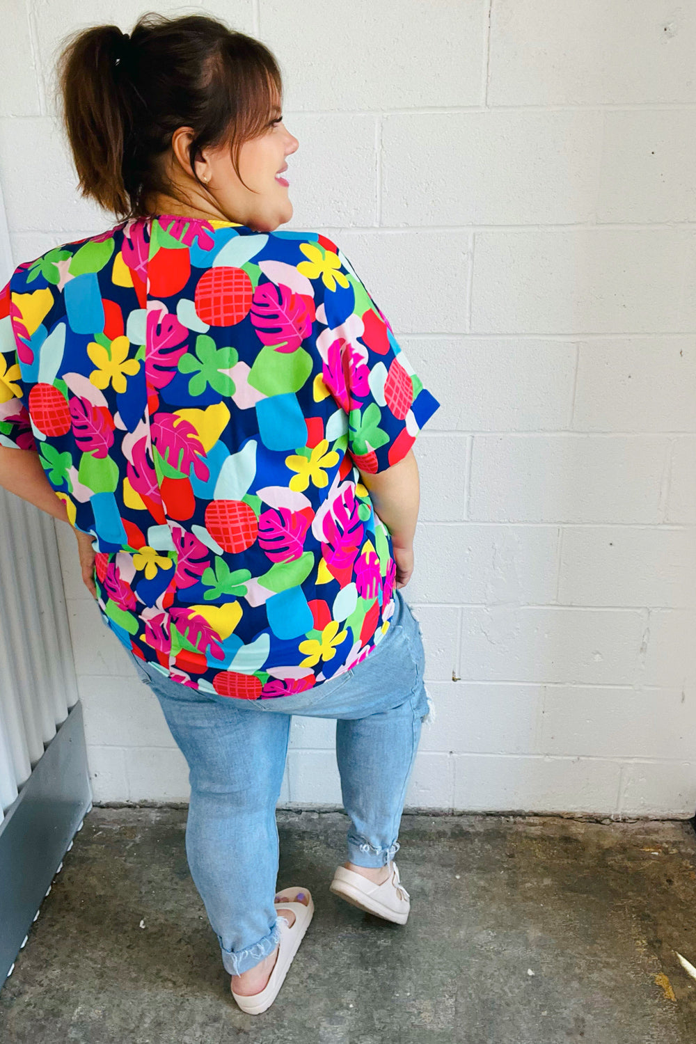 Time For Sun Navy Multicolor Tropical Print V Neck Top (Open Pack)
