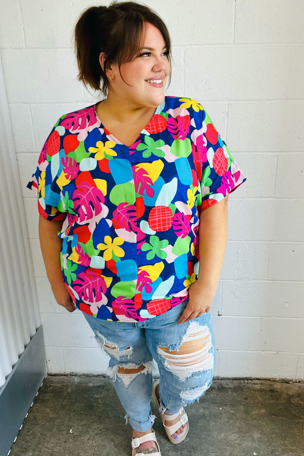 Time For Sun Navy Multicolor Tropical Print V Neck Top (Open Pack)