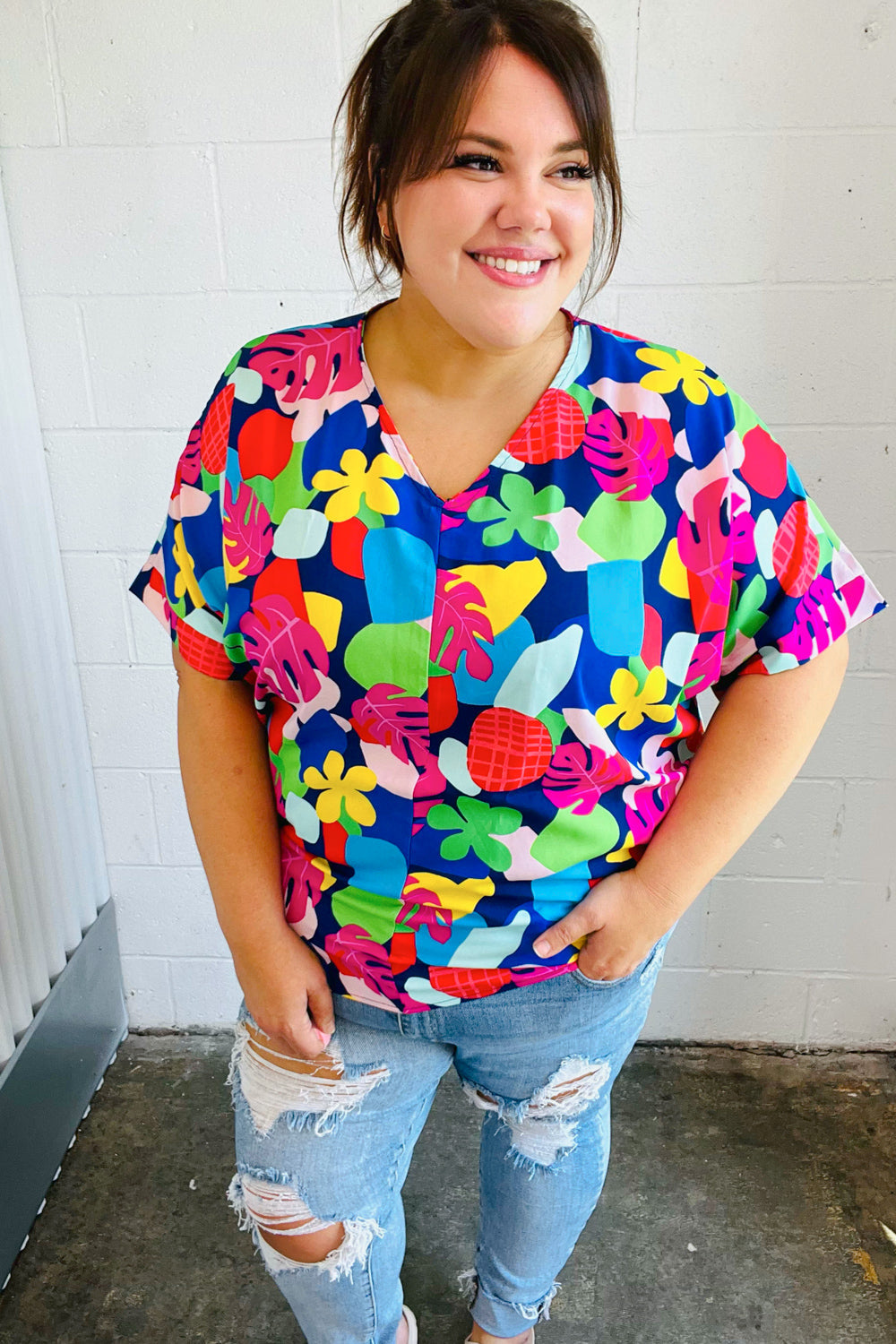 Time For Sun Navy Multicolor Tropical Print V Neck Top (Open Pack)