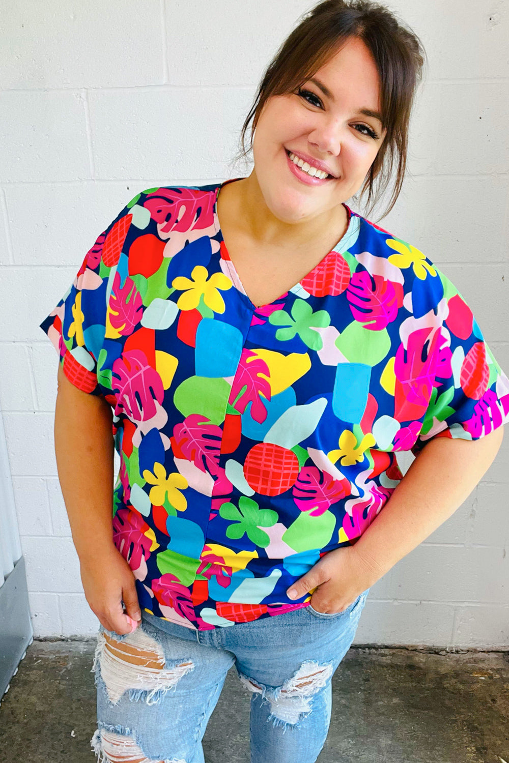 Time For Sun Navy Multicolor Tropical Print V Neck Top (Open Pack)
