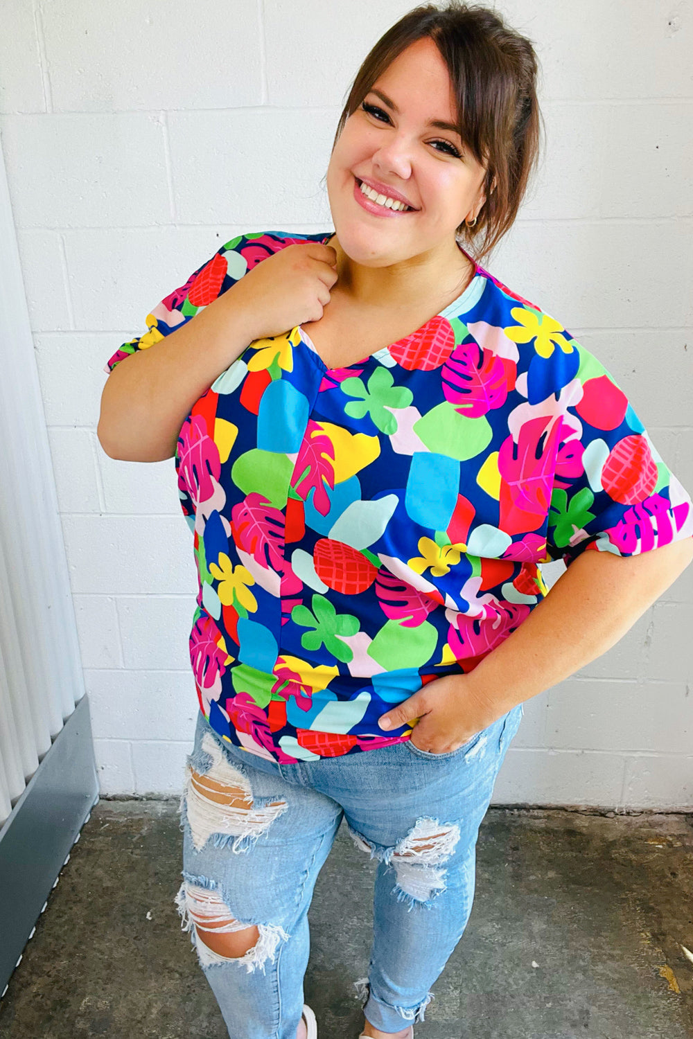 Time For Sun Navy Multicolor Tropical Print V Neck Top (Open Pack)