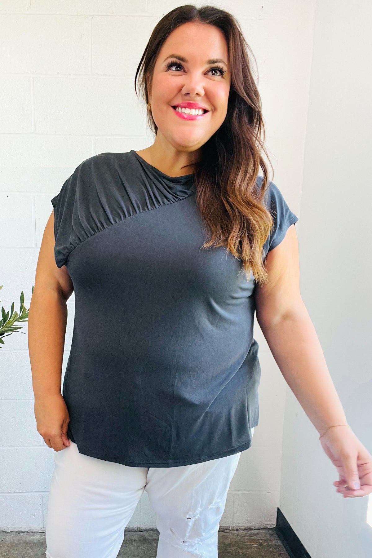 Charming In Charcoal Asymmetrical Shirred Modal Top (Open Pack)