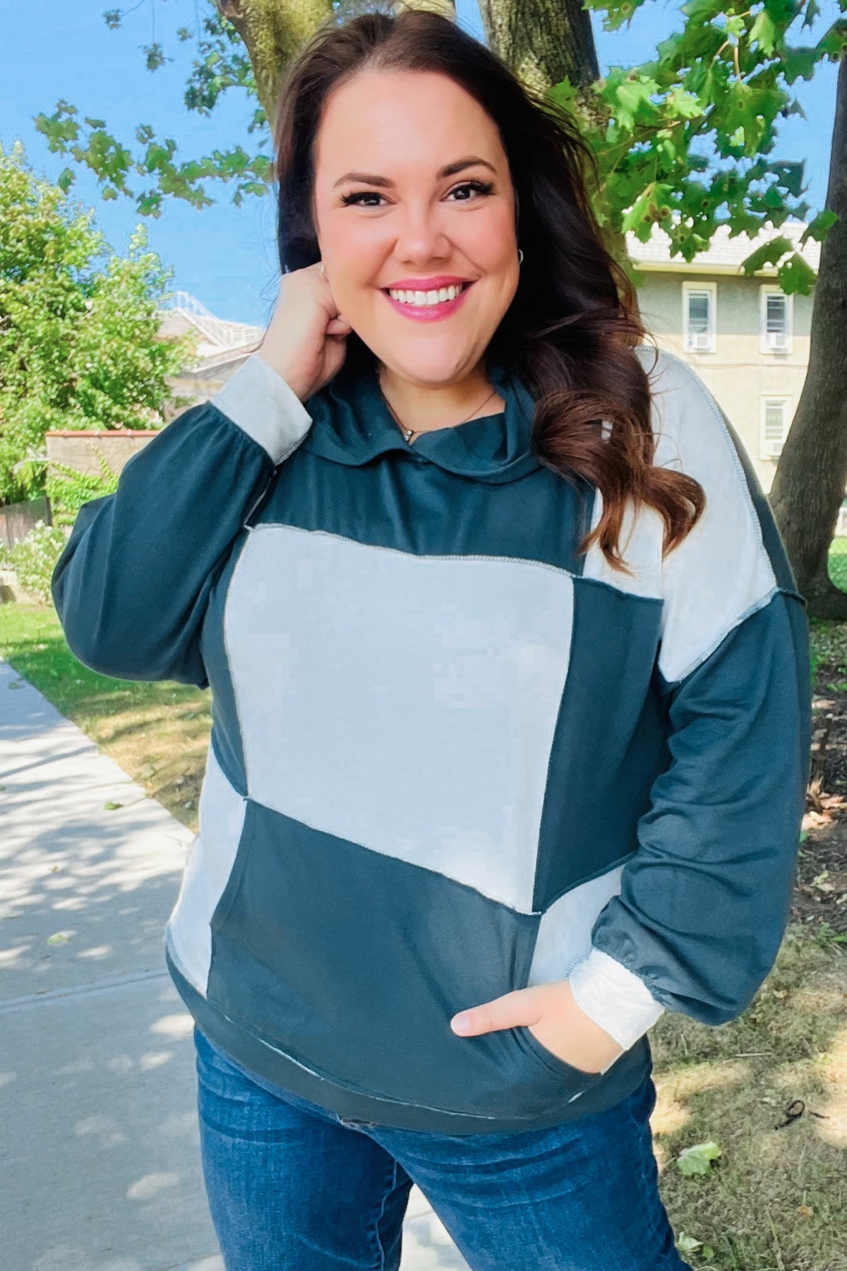 Adorable In Hunter Green Color Block Check Print Terry Hoodie (Open Pack)