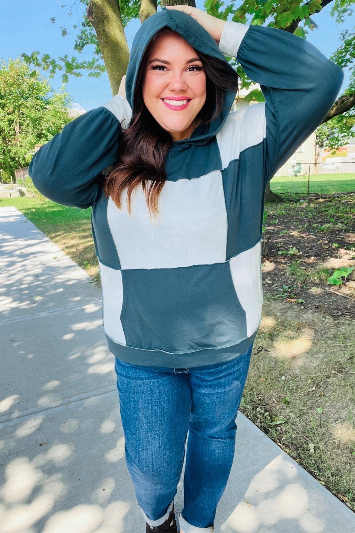 Adorable In Hunter Green Color Block Check Print Terry Hoodie (Open Pack)