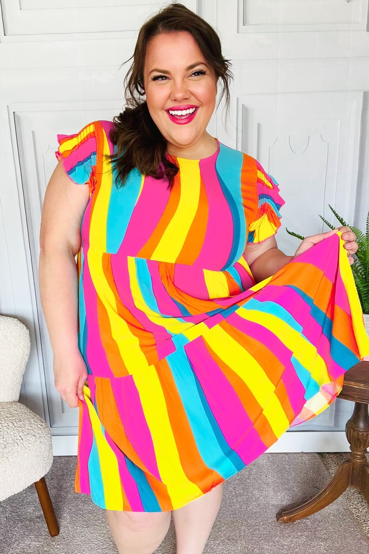 Eyes On You Multicolor Abstract Print Smocked Ruffle Sleeve Dress (Open Pack)