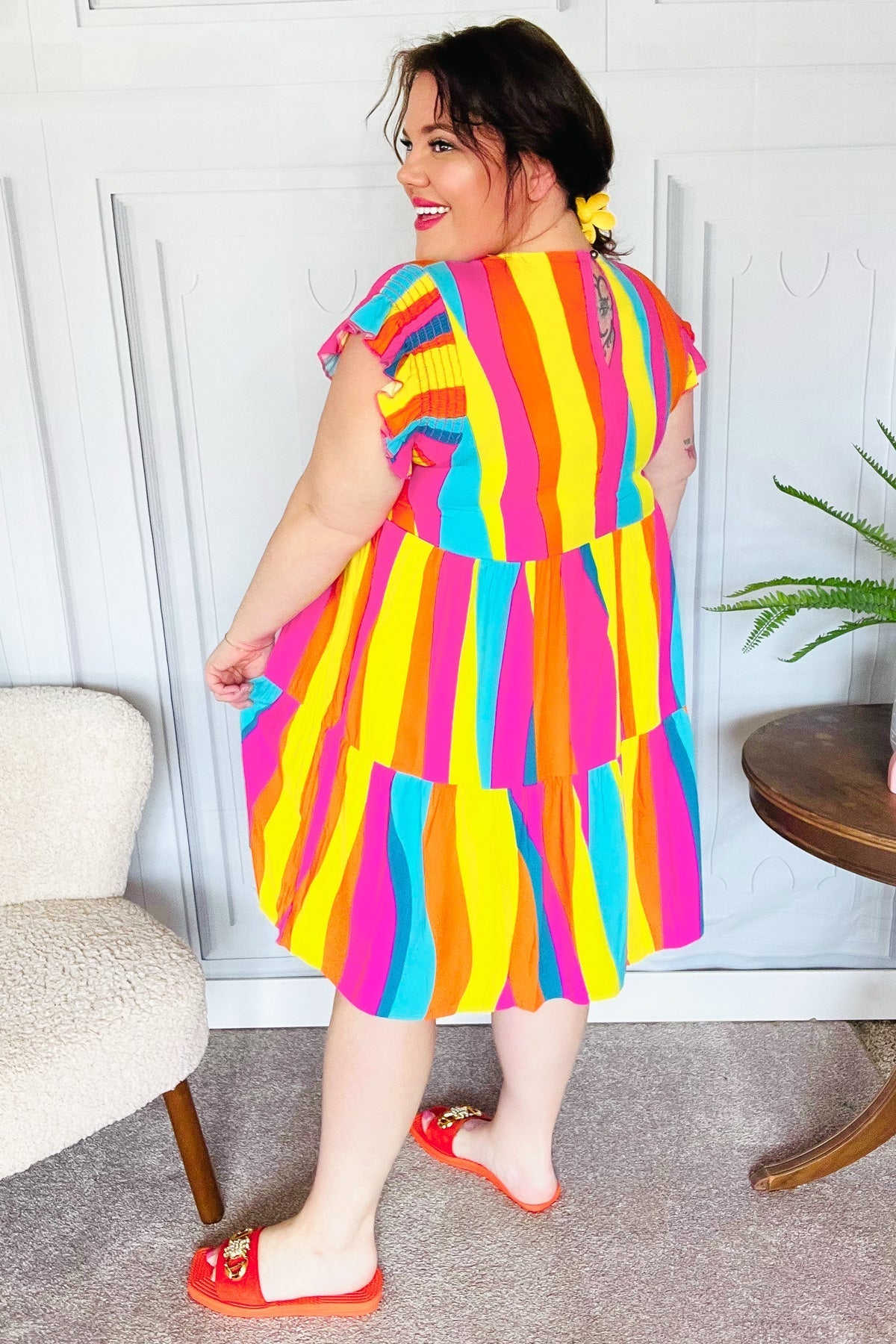Eyes On You Multicolor Abstract Print Smocked Ruffle Sleeve Dress (Open Pack)