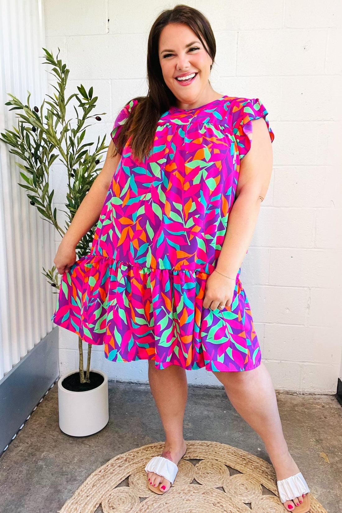 You Got This Purple Abstract Floral Print Tiered Ruffle Sleeve Dress (Open Pack)