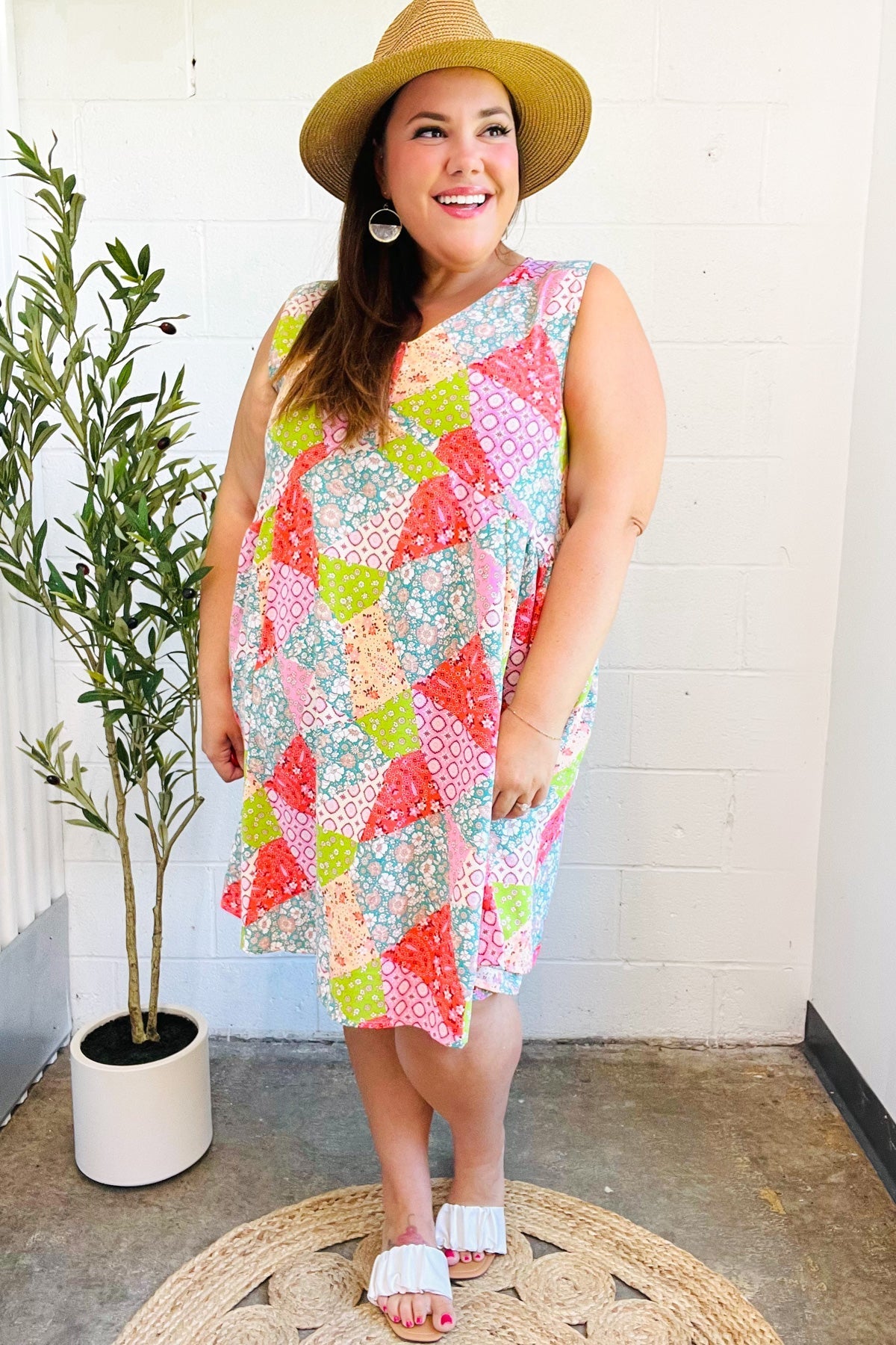 Hello Beautiful Peach & Sage Patchwork Babydoll Swing Dress (Open Pack)