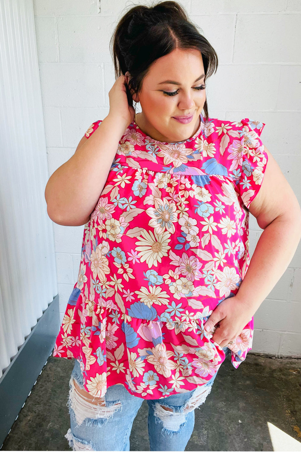 Fuchsia Floral Yoke Flutter Sleeve Back Neck Button Top (Open Pack)