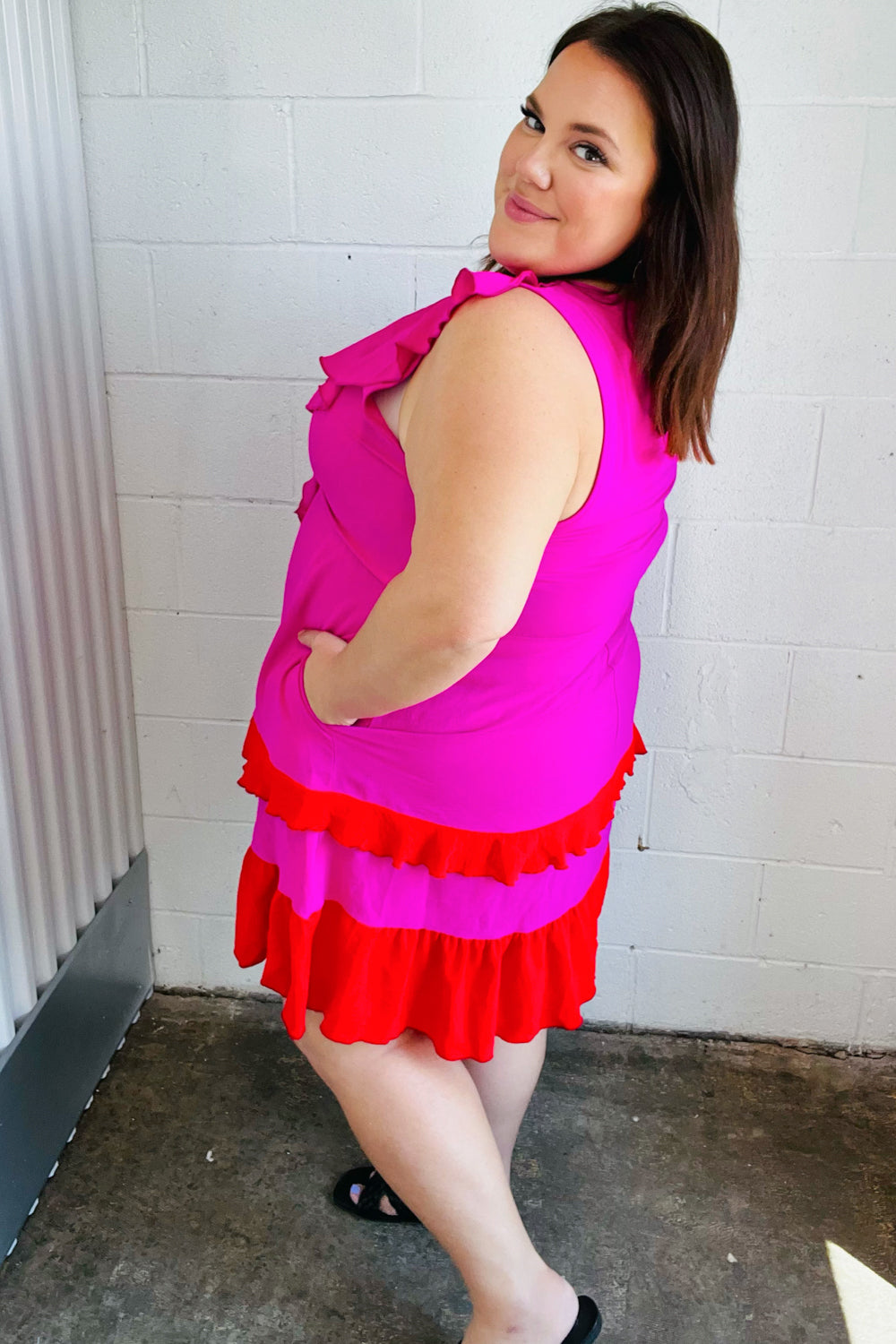 Fuchsia Ruffle V Neck Crepe Tiered Midi Dress (Open Pack)