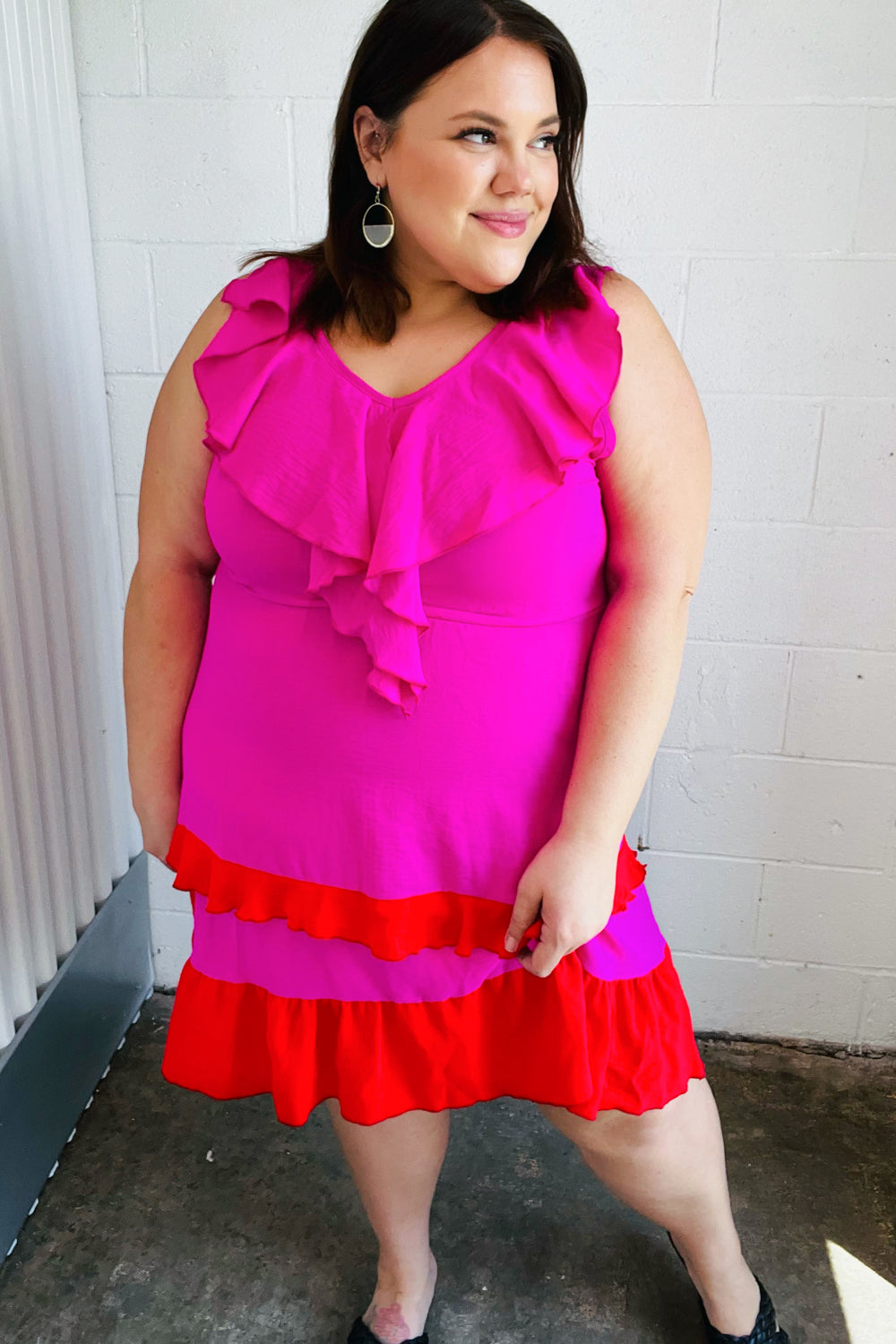 Fuchsia Ruffle V Neck Crepe Tiered Midi Dress (Open Pack)