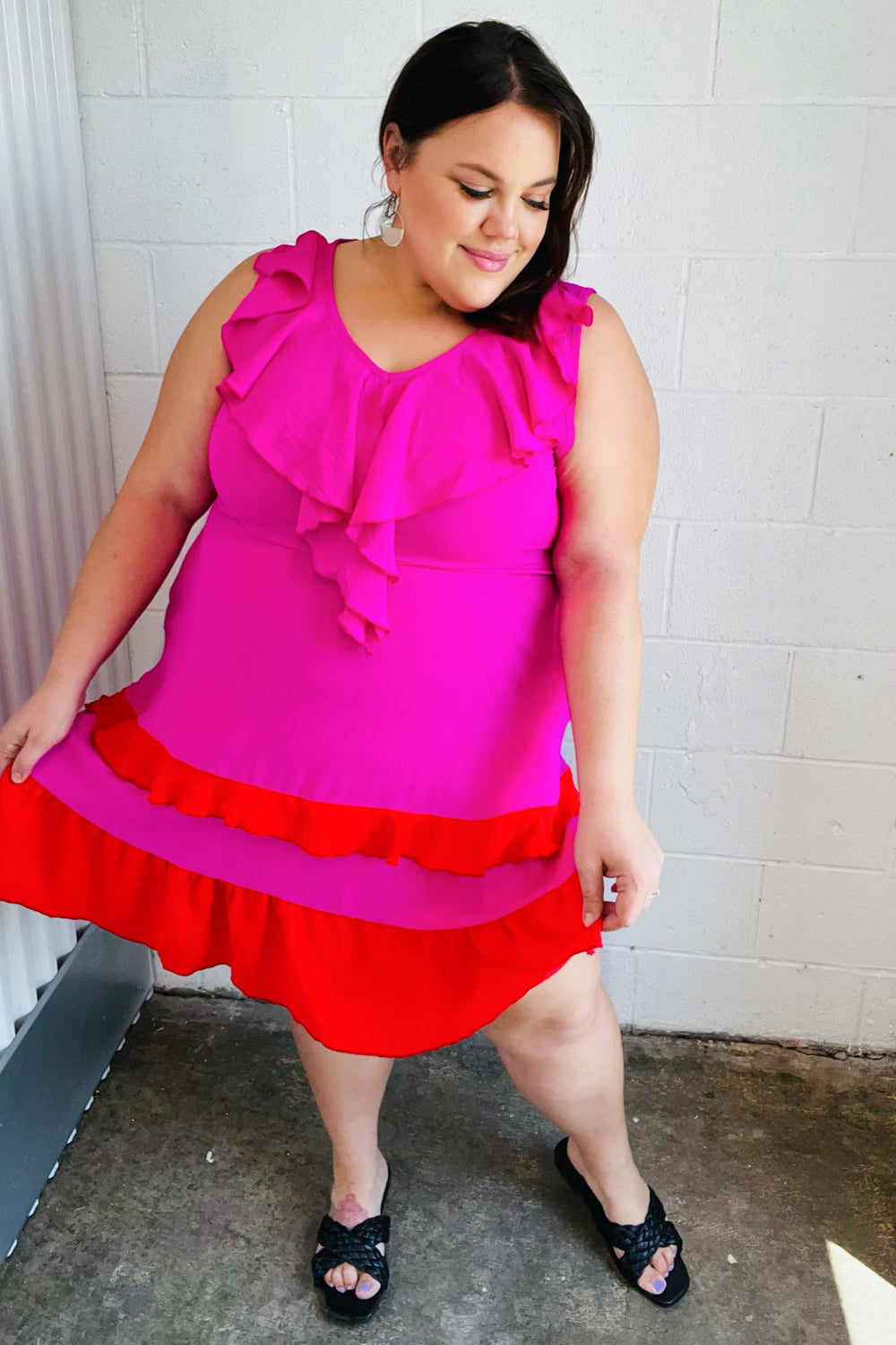 Fuchsia Ruffle V Neck Crepe Tiered Midi Dress (Open Pack)