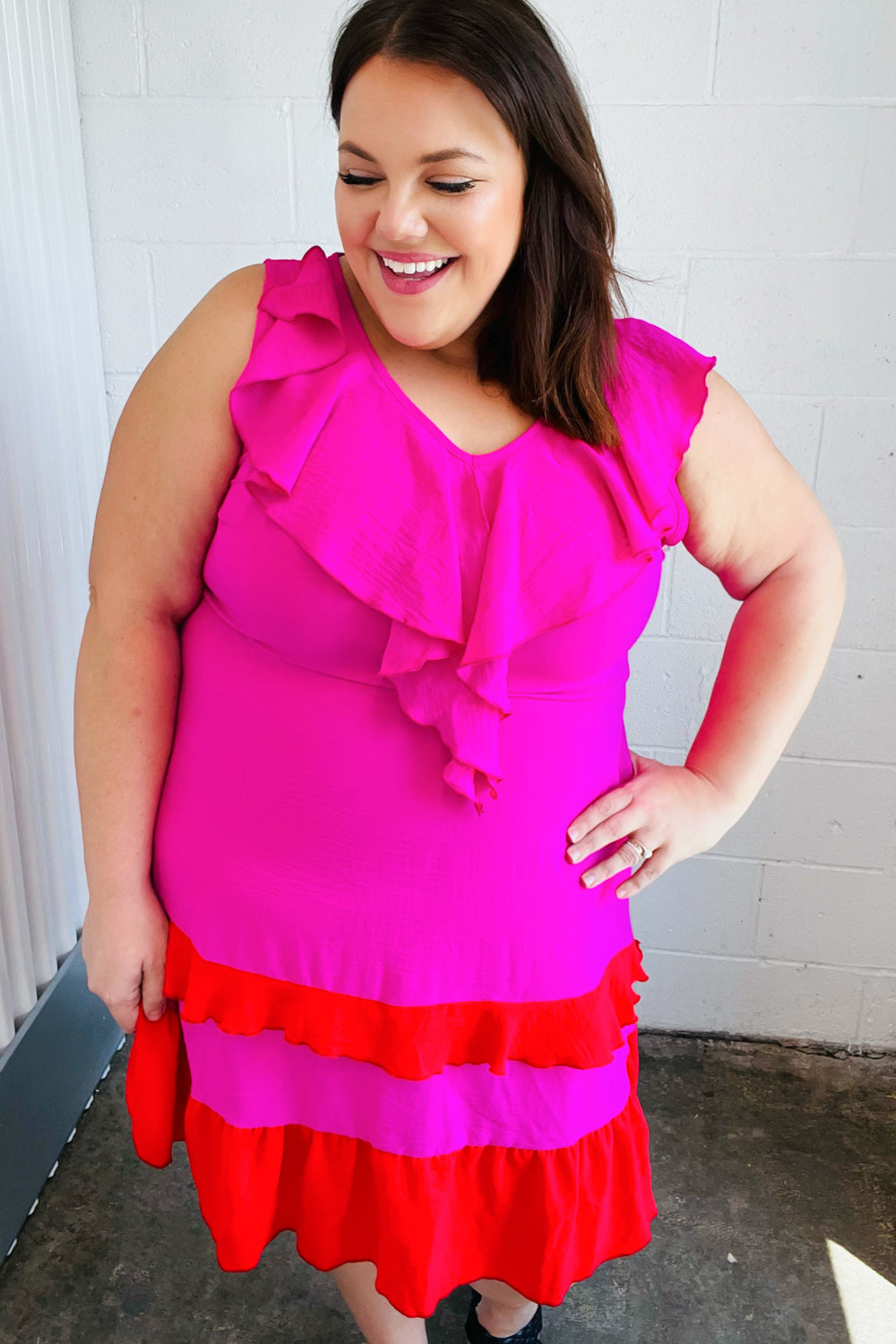 Fuchsia Ruffle V Neck Crepe Tiered Midi Dress (Open Pack)