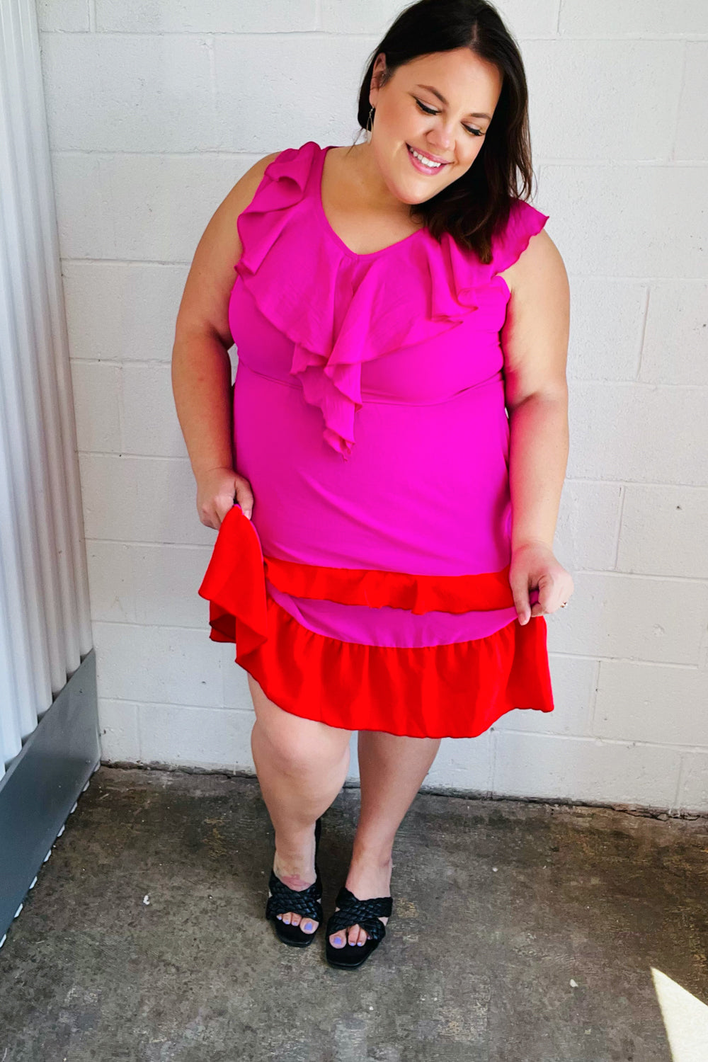 Fuchsia Ruffle V Neck Crepe Tiered Midi Dress (Open Pack)