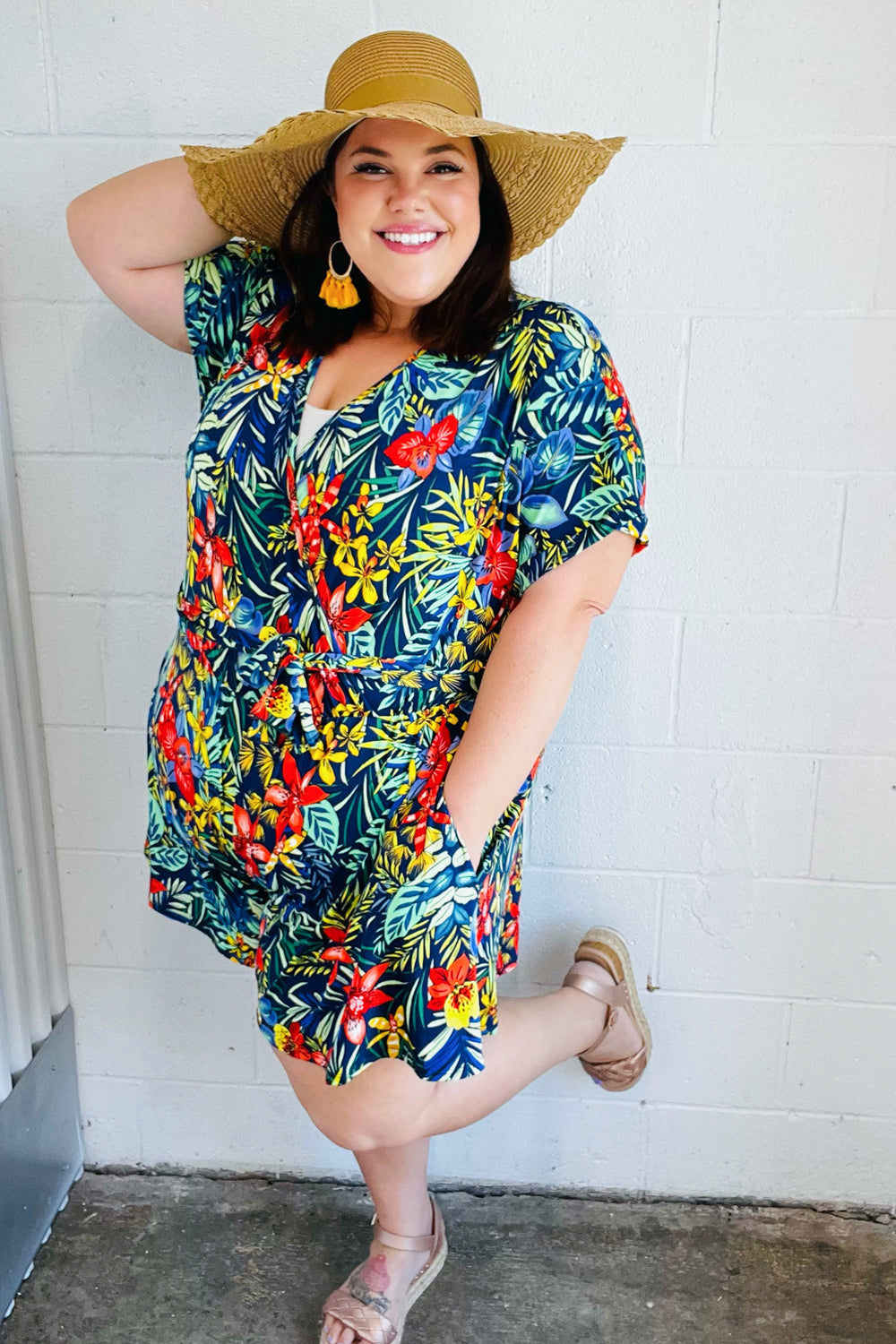 Navy Tropical Floral Surplice Romper (Open Pack)