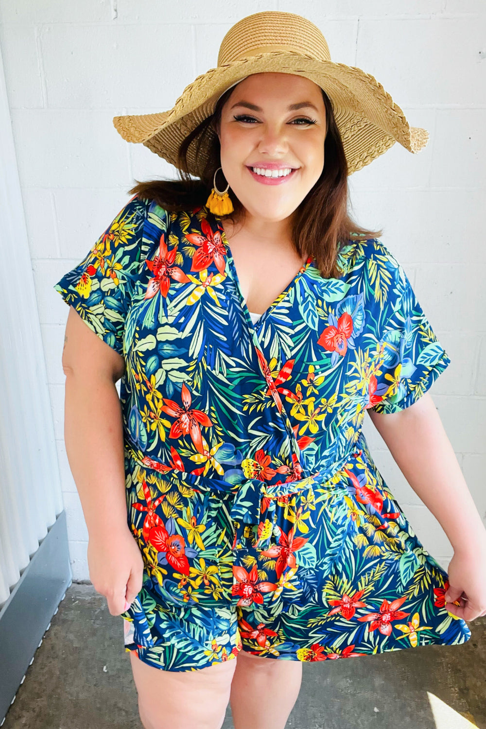 Navy Tropical Floral Surplice Romper (Open Pack)