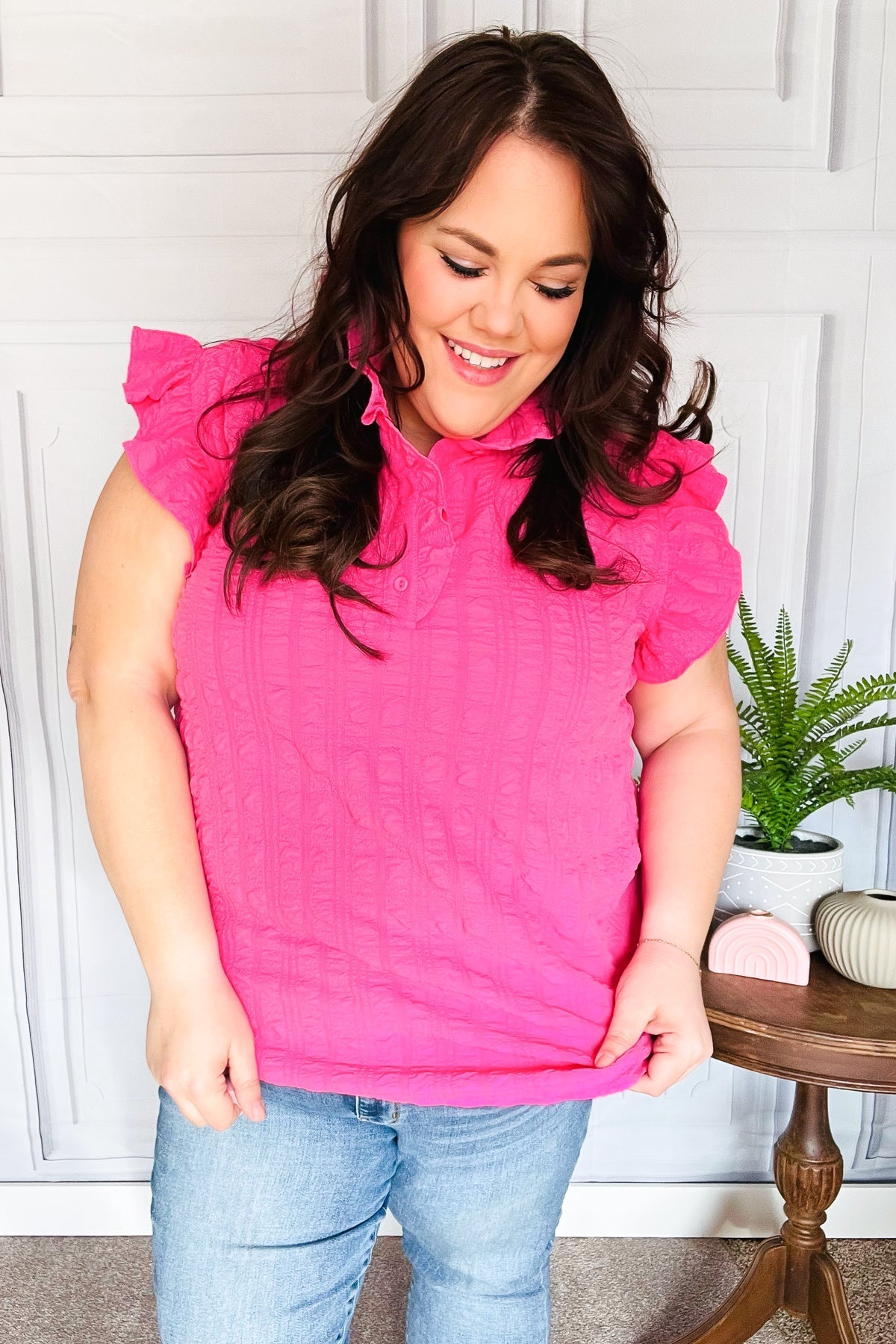 Glamorous In Hot Pink Textured Ruffle Mock Neck Top (Open Pack)