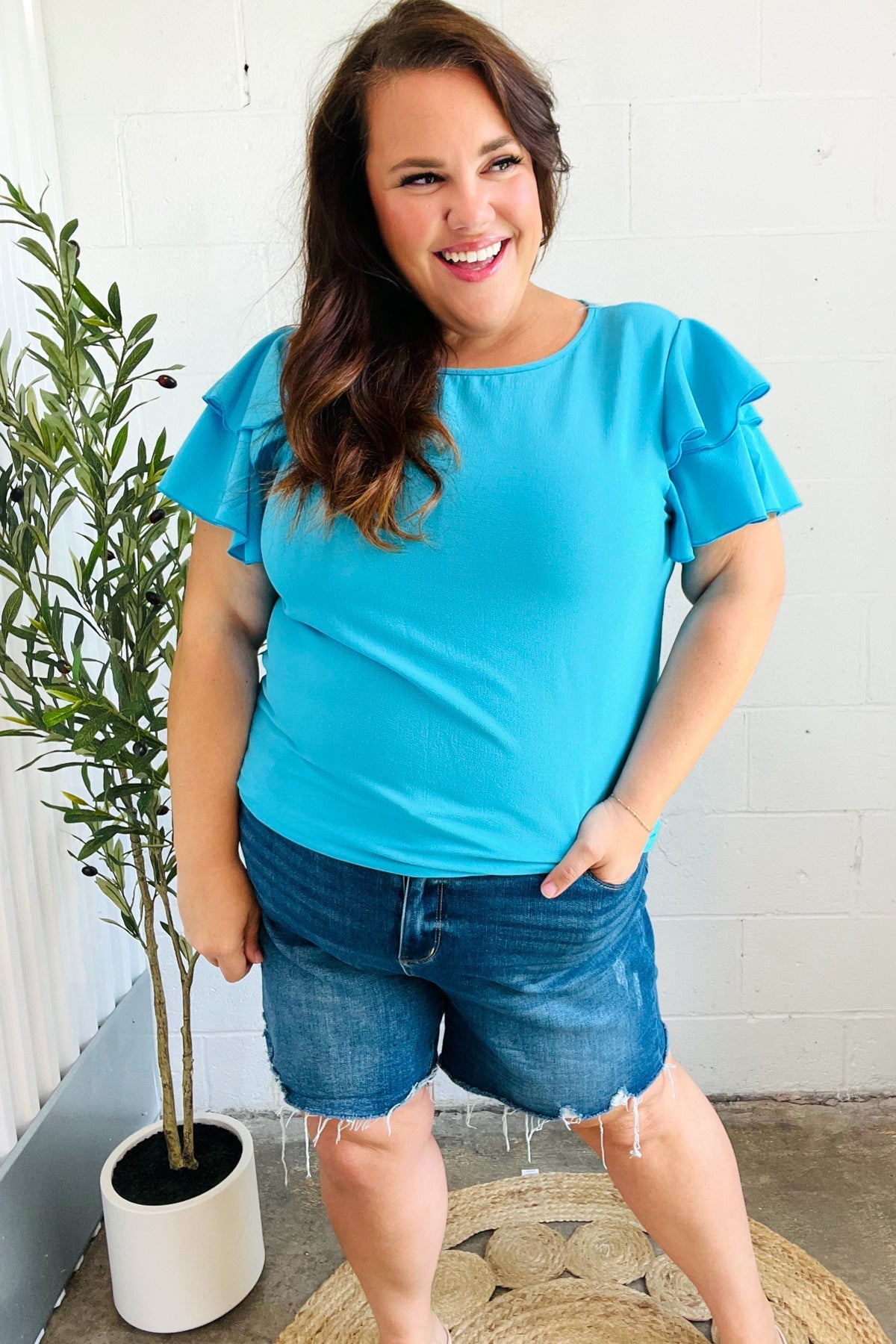 Lovely In Blue Tiered Double Ruffle Sleeve Woven Top (Open Pack)