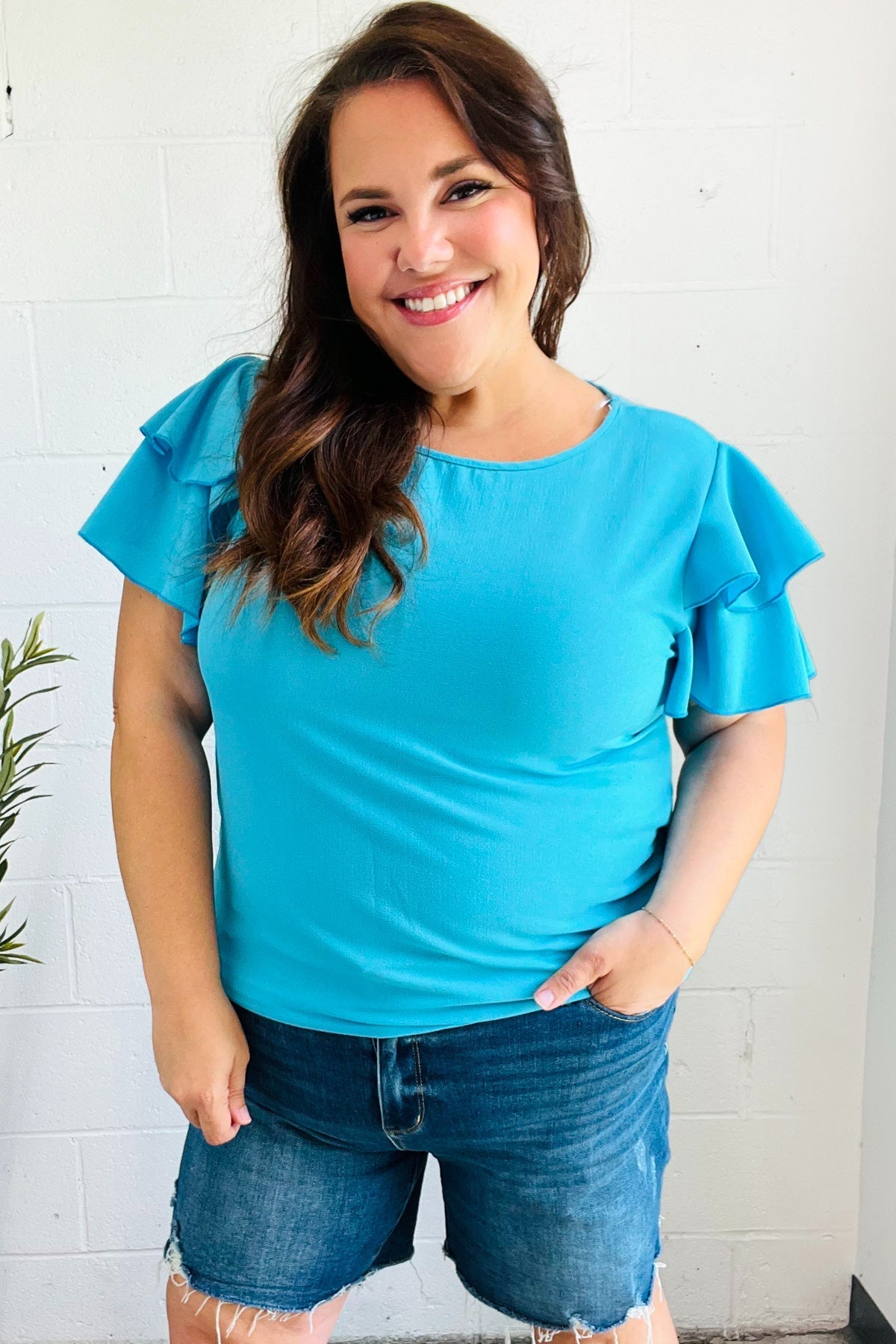 Lovely In Blue Tiered Double Ruffle Sleeve Woven Top (Open Pack)