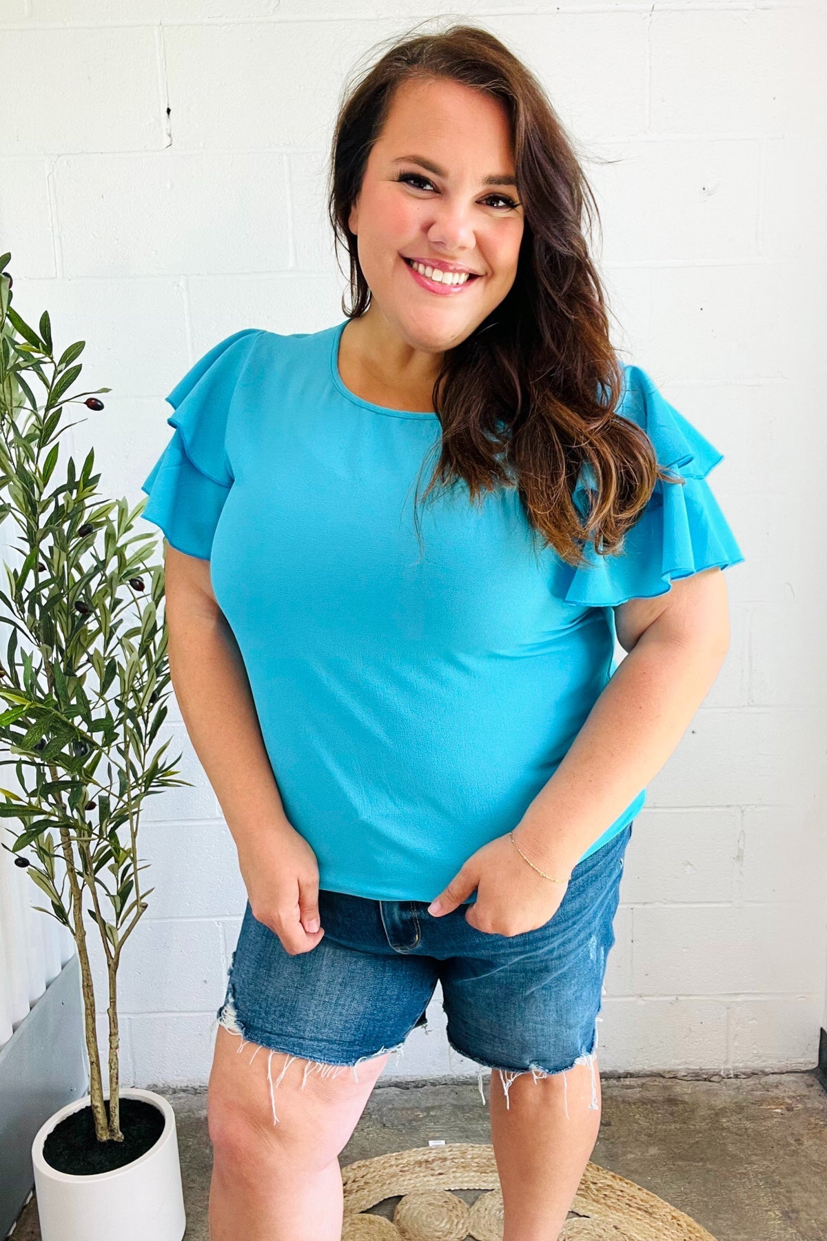 Lovely In Blue Tiered Double Ruffle Sleeve Woven Top (Open Pack)