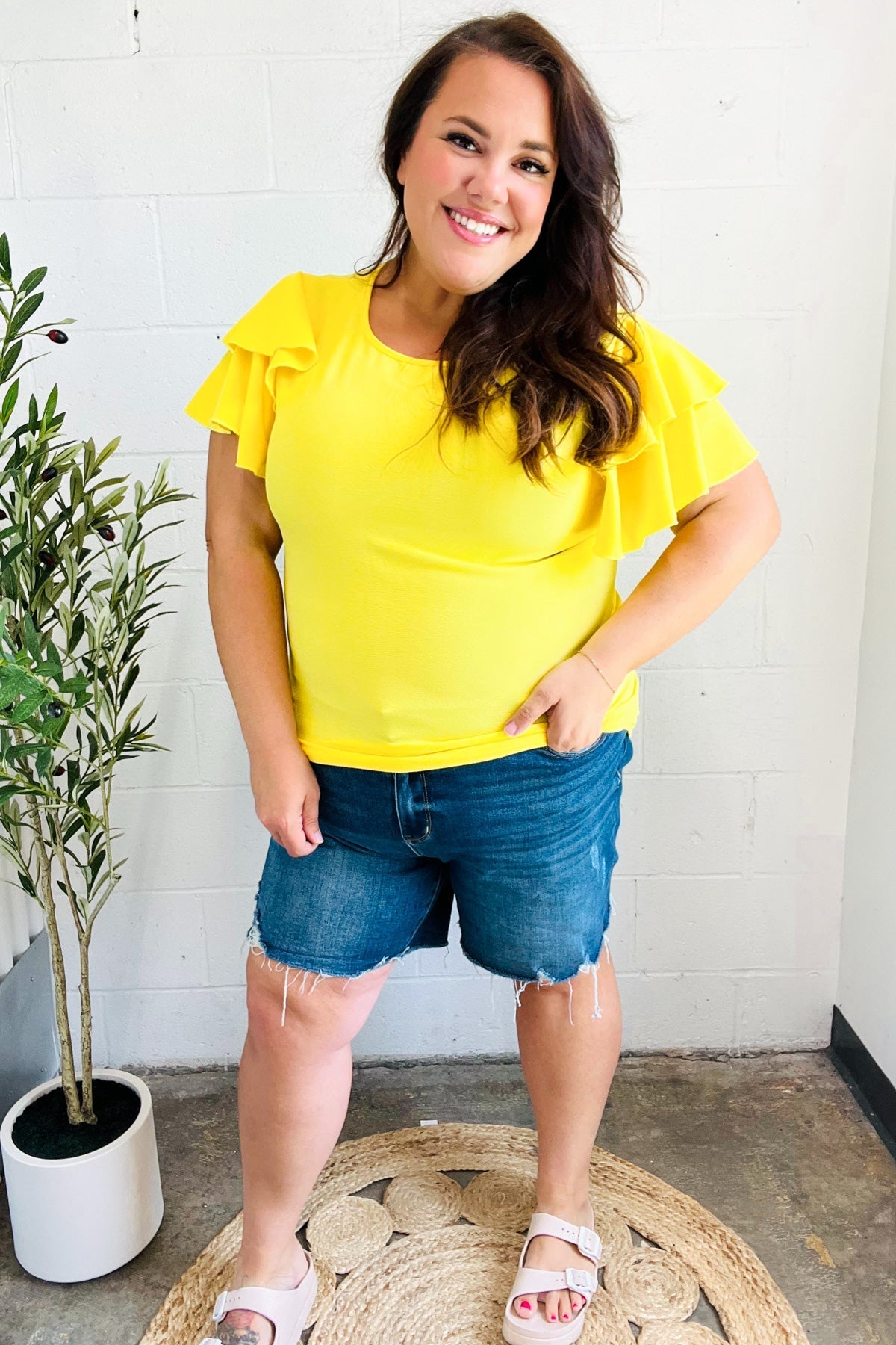 Lovely In Yellow Tiered Double Ruffle Sleeve Woven Top (Open Pack)