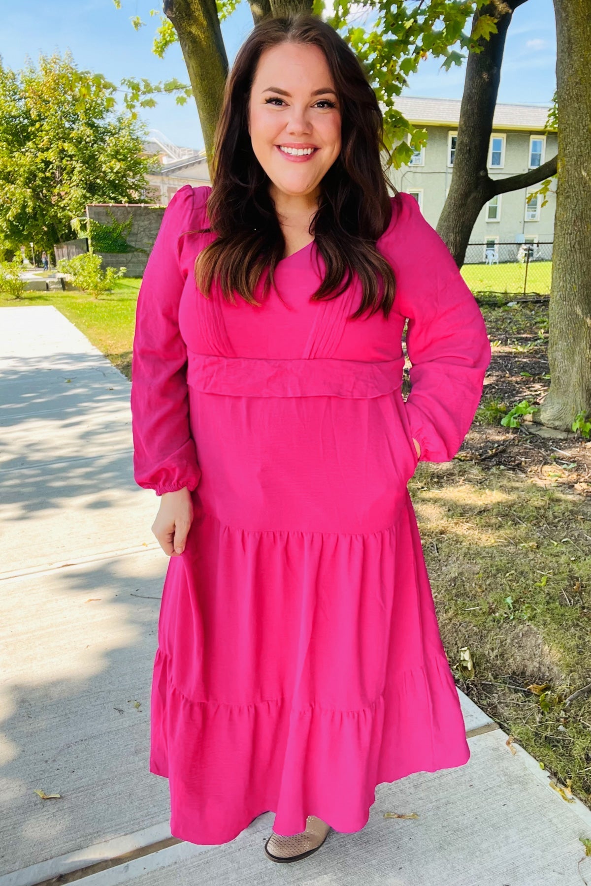 Beautiful You Berry Pintuck Detail Frill V Neck Maxi Dress (Open Pack)