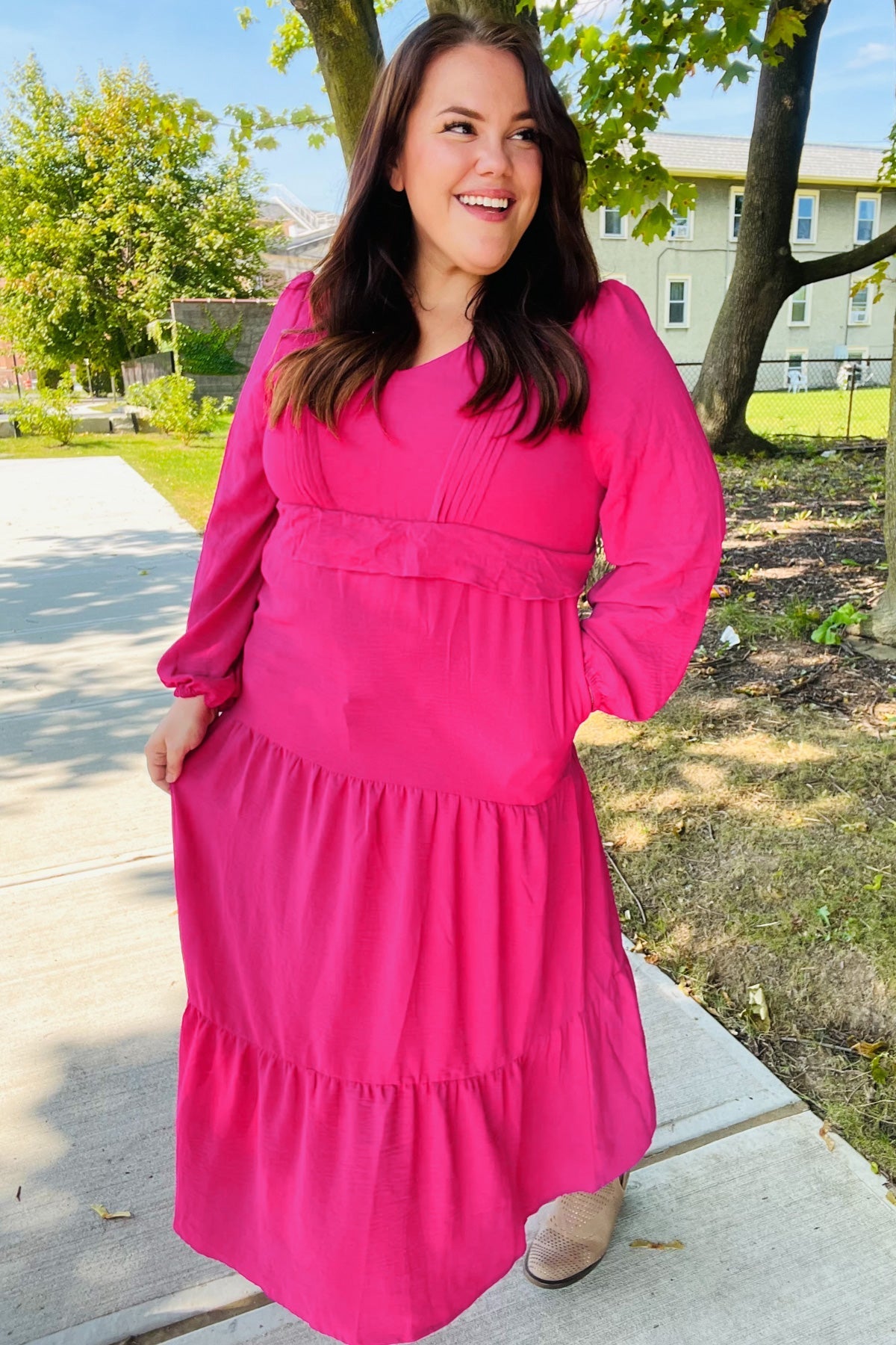 Beautiful You Berry Pintuck Detail Frill V Neck Maxi Dress (Open Pack)