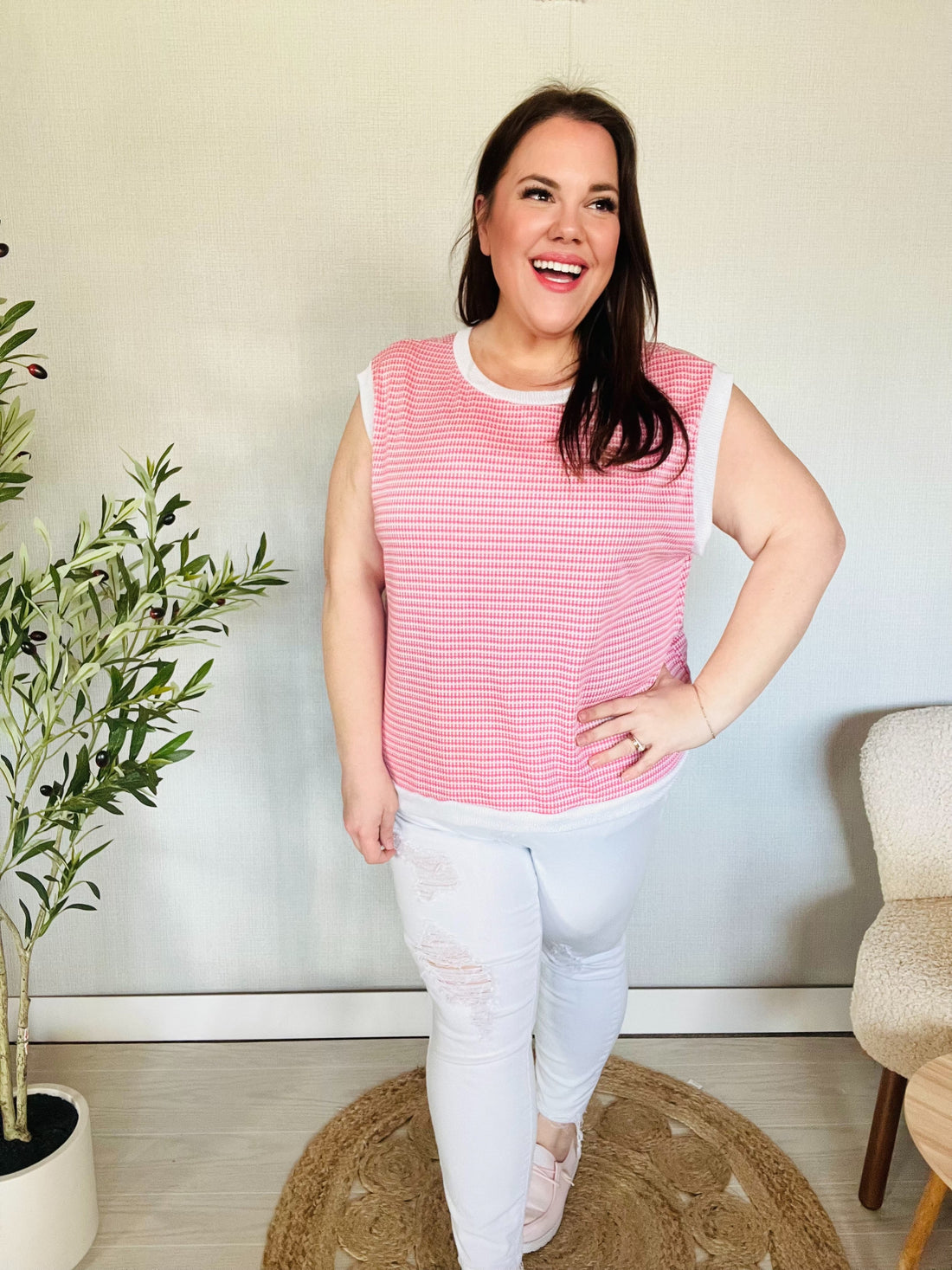 TWO TONE JACQUARD WAFFLE KNIT TOP