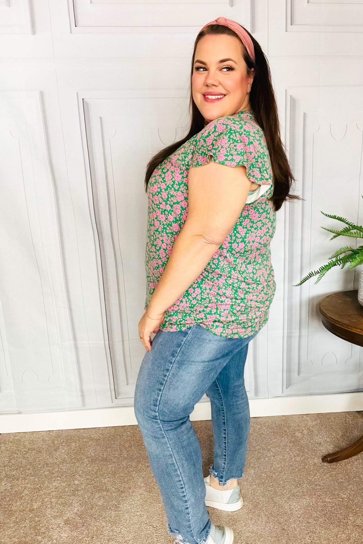 Dreamy Green & Pink Floral Yoke Ruffle Short Sleeve Top (Open Pack)