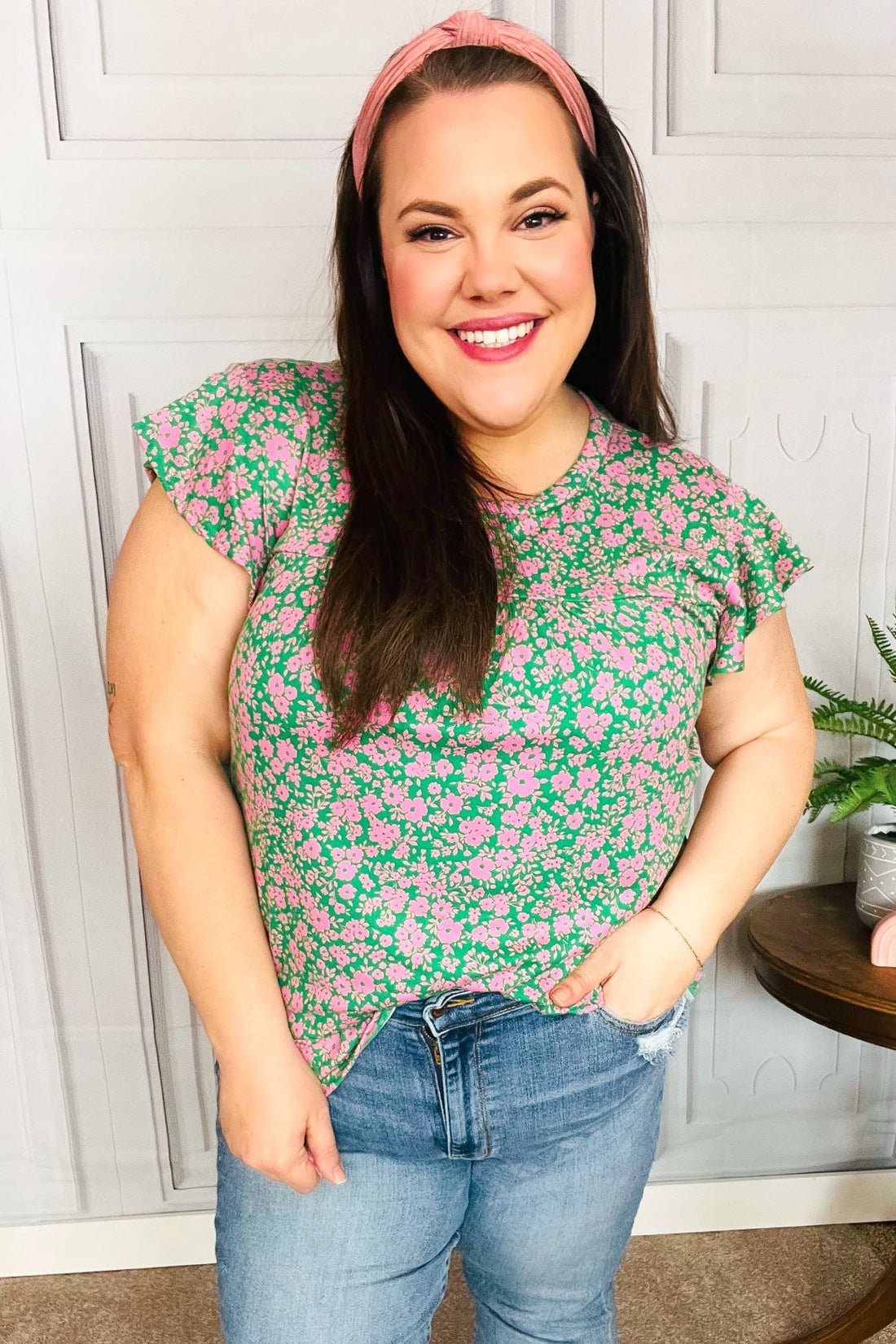 Dreamy Green & Pink Floral Yoke Ruffle Short Sleeve Top (Open Pack)