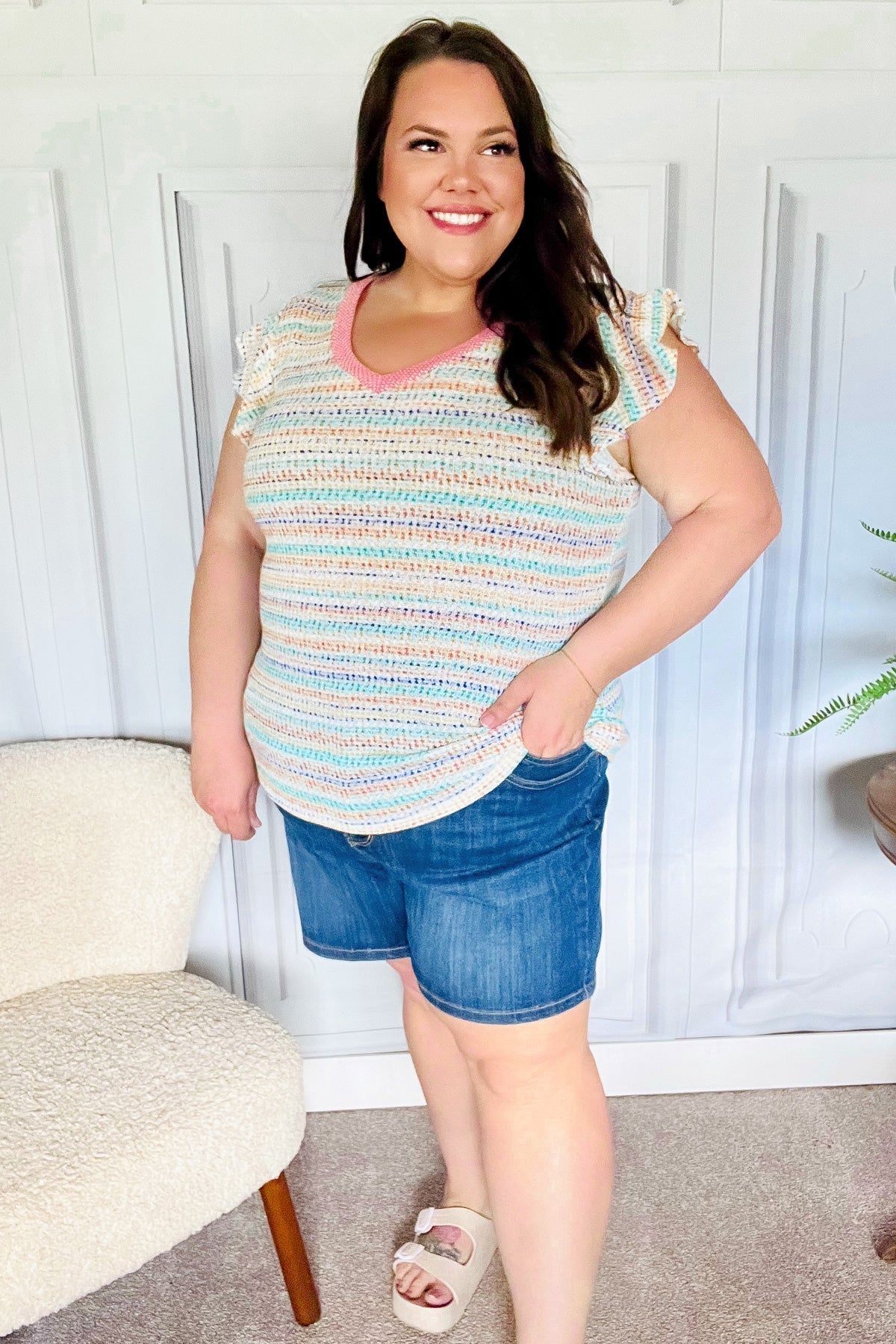 Sunny Days Coral Two Tone Striped Textured Knit V Neck Top (Open Pack)