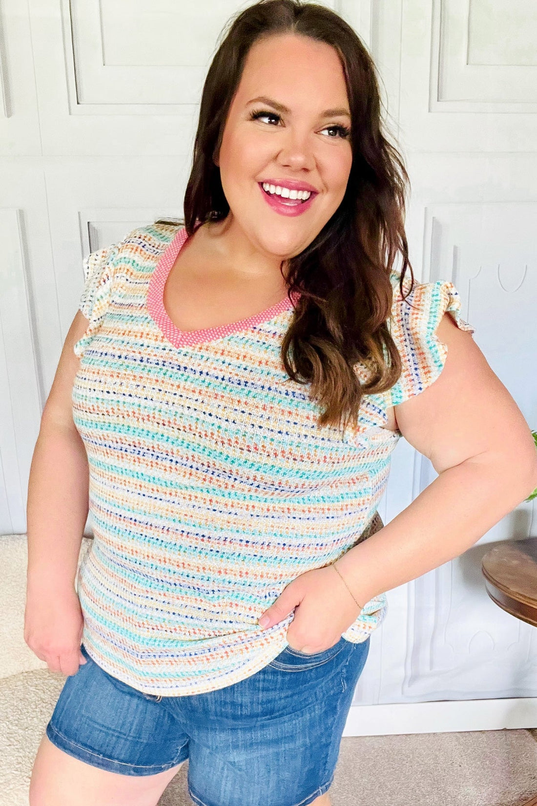 Sunny Days Coral Two Tone Striped Textured Knit V Neck Top (Open Pack)
