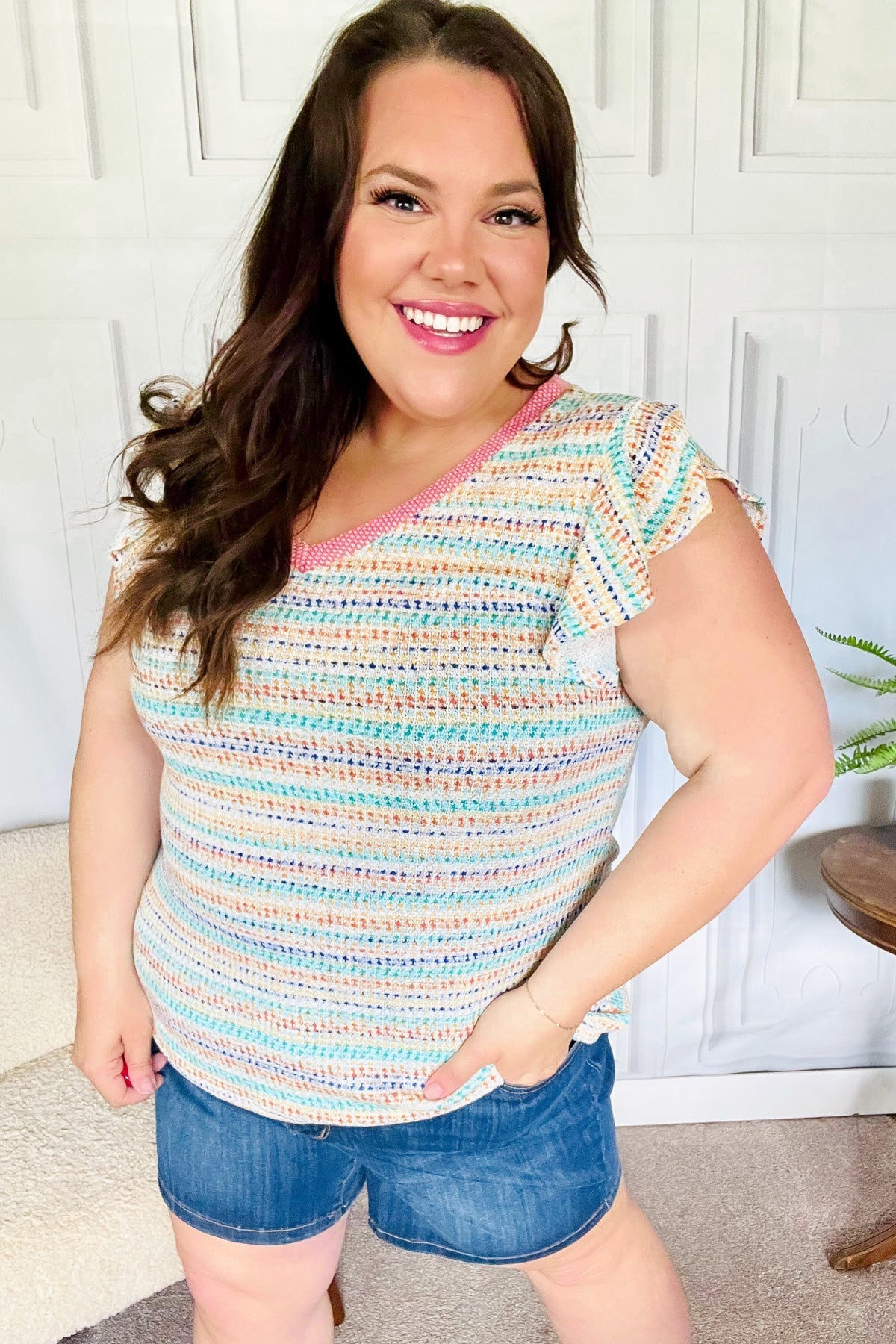 Sunny Days Coral Two Tone Striped Textured Knit V Neck Top (Open Pack)