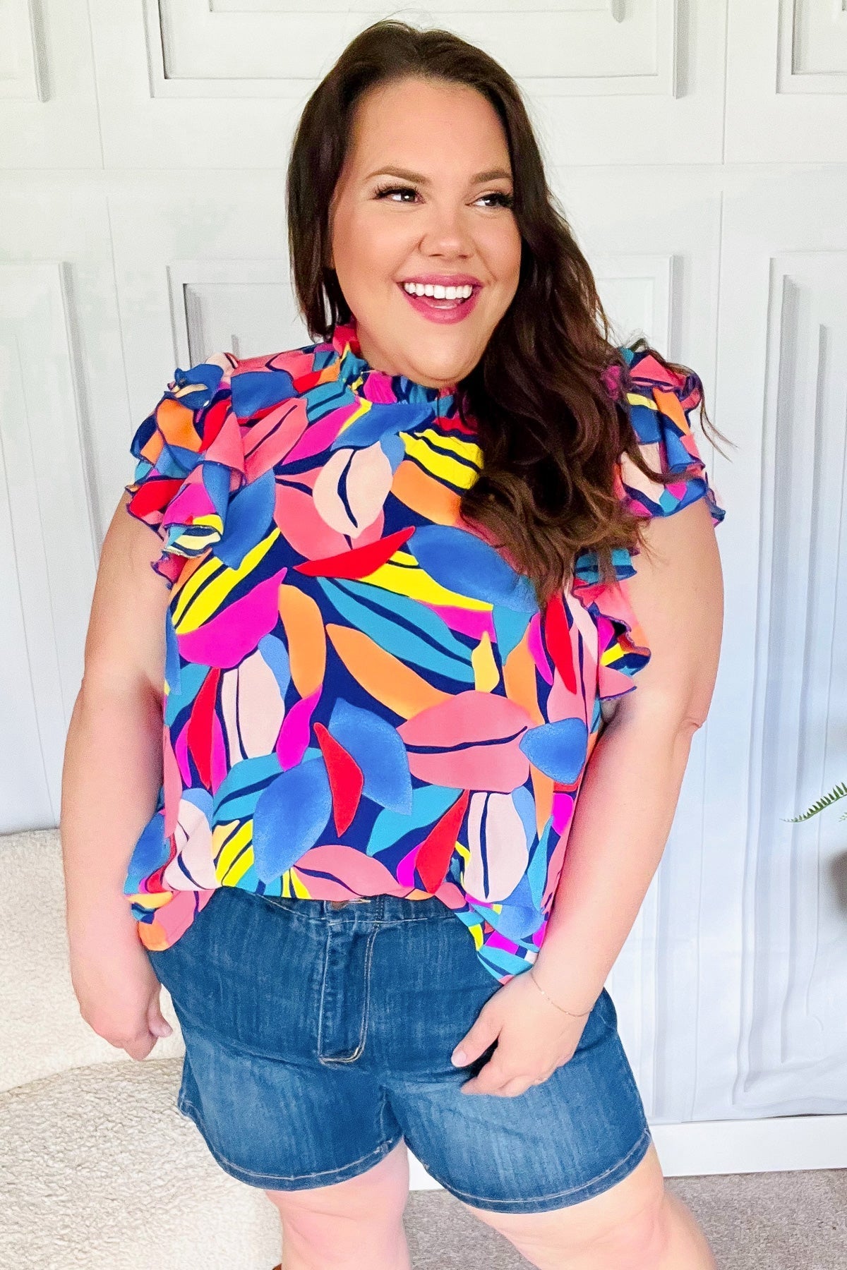Tropical Vibes Blue & Pink Mock Neck Flutter Sleeve Top (Open Pack)