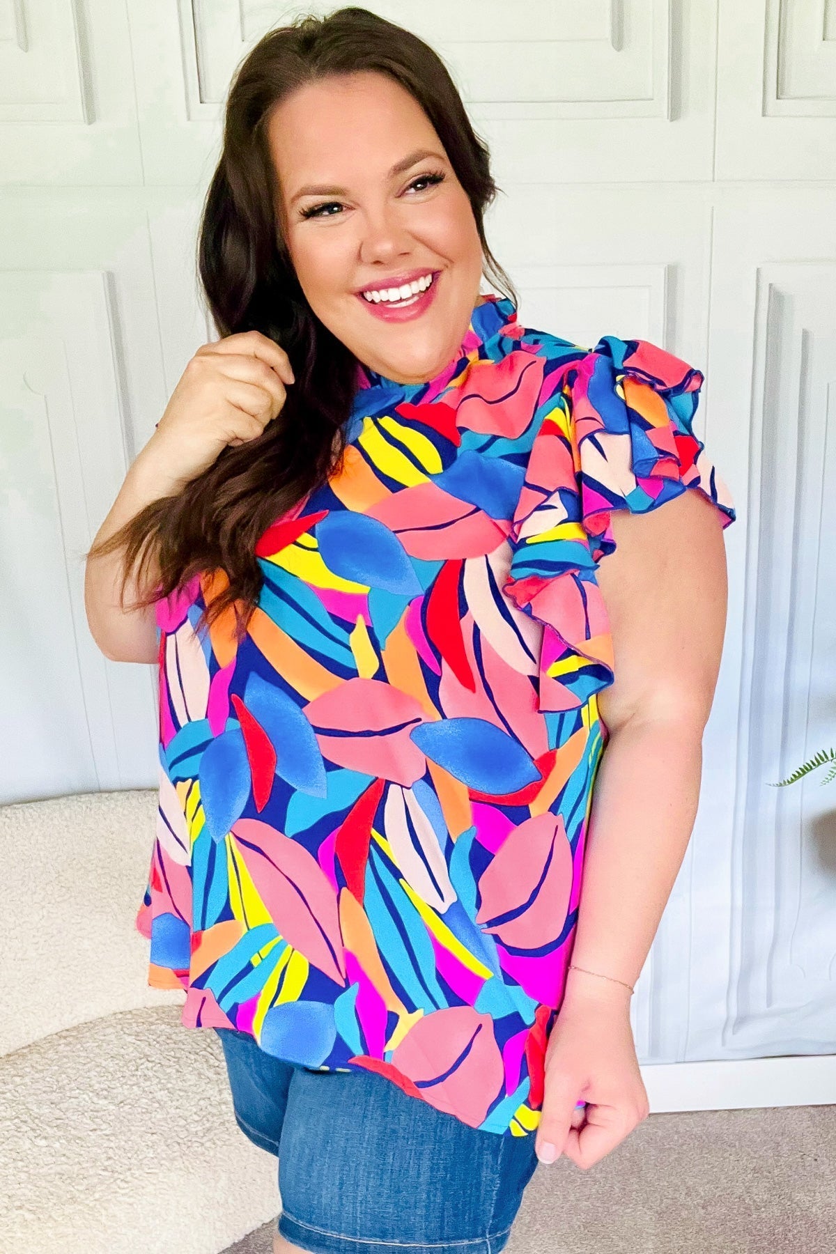 Tropical Vibes Blue & Pink Mock Neck Flutter Sleeve Top (Open Pack)