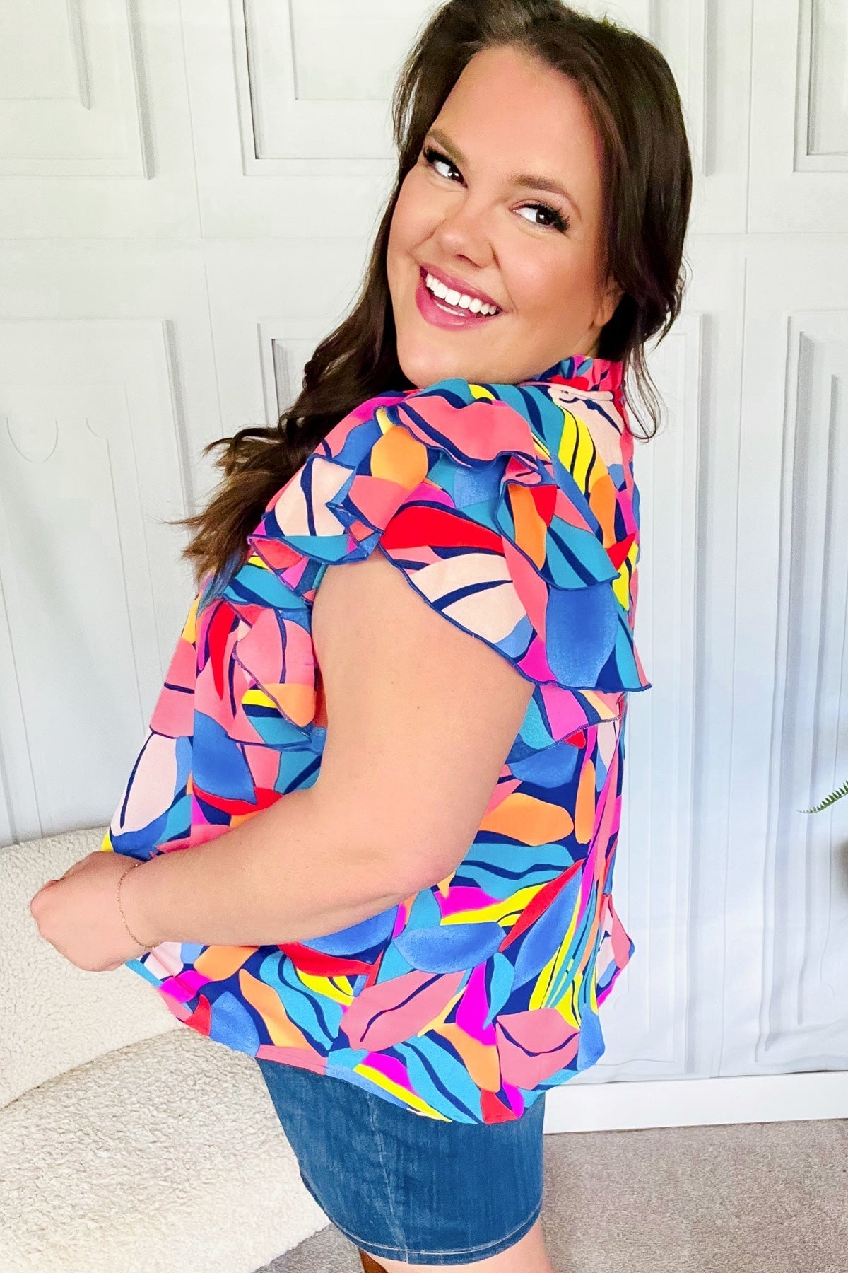 Tropical Vibes Blue & Pink Mock Neck Flutter Sleeve Top (Open Pack)