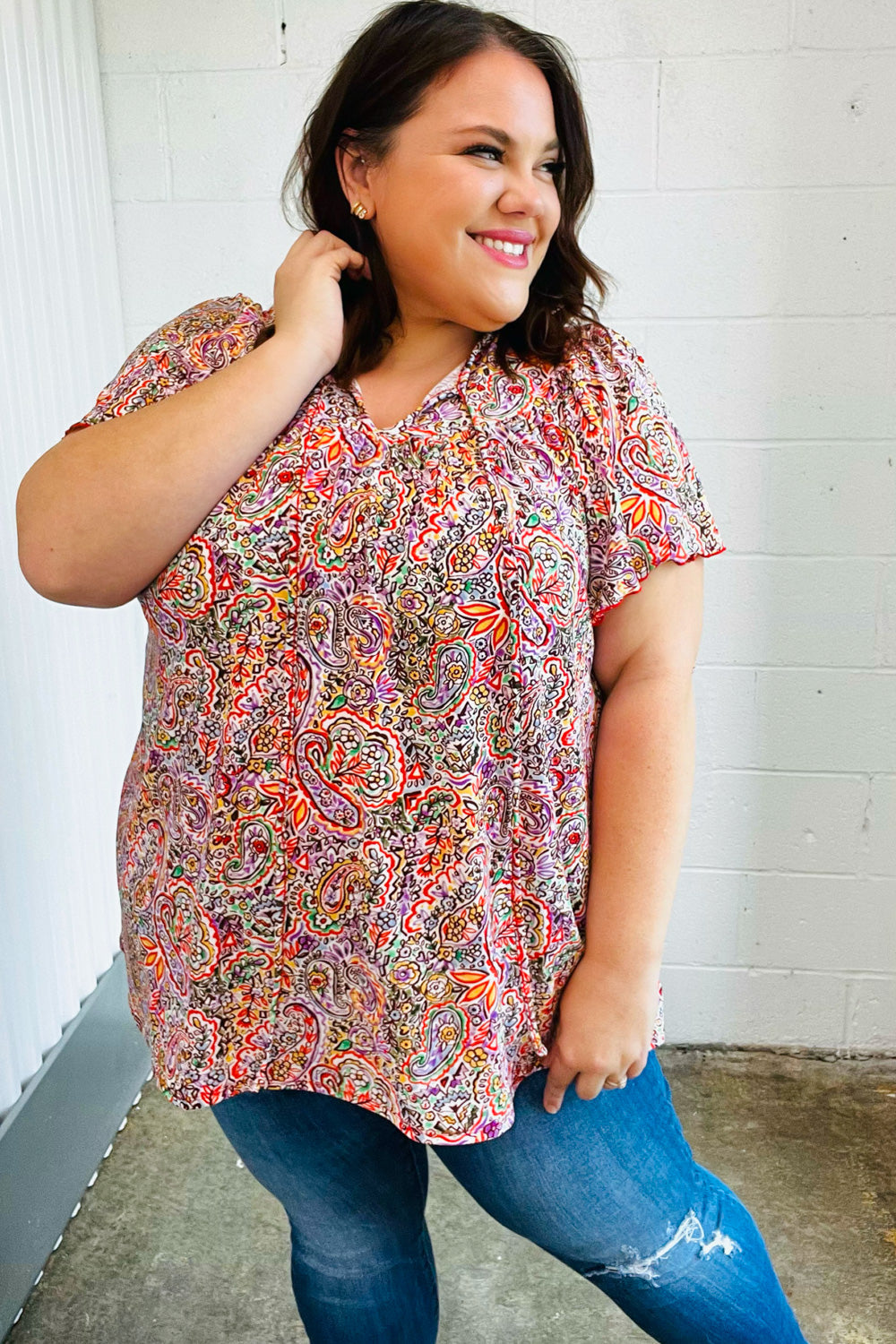 Plum Multicolor Boho Paisley Tie Neck Dolman Top (Open Pack)