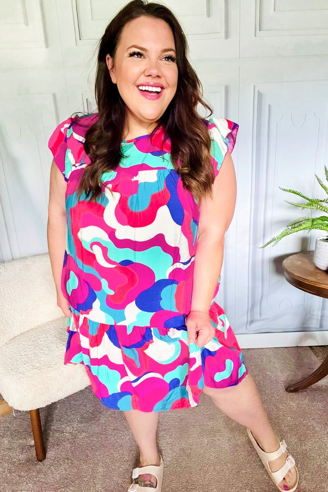 Go For Fun Fuchsia Geo Print Tiered Ruffle Sleeve Woven Dress (Open Pack)