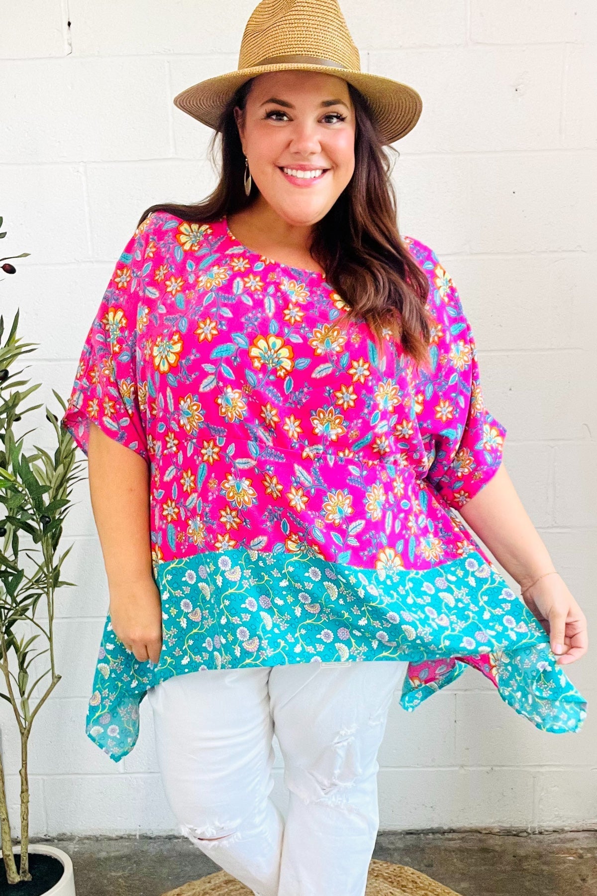Vacay Ready Fuchsia Paisley Floral Dolman Sleeve Shark Bite Top (Open Pack)