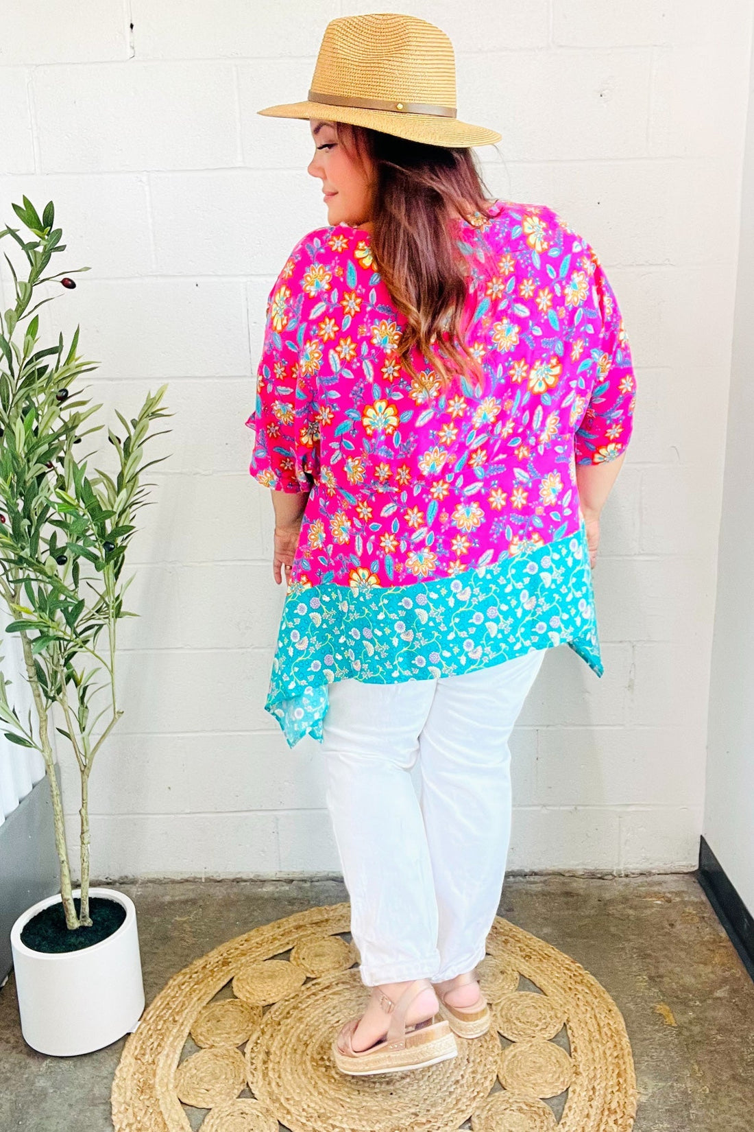 Vacay Ready Fuchsia Paisley Floral Dolman Sleeve Shark Bite Top (Open Pack)