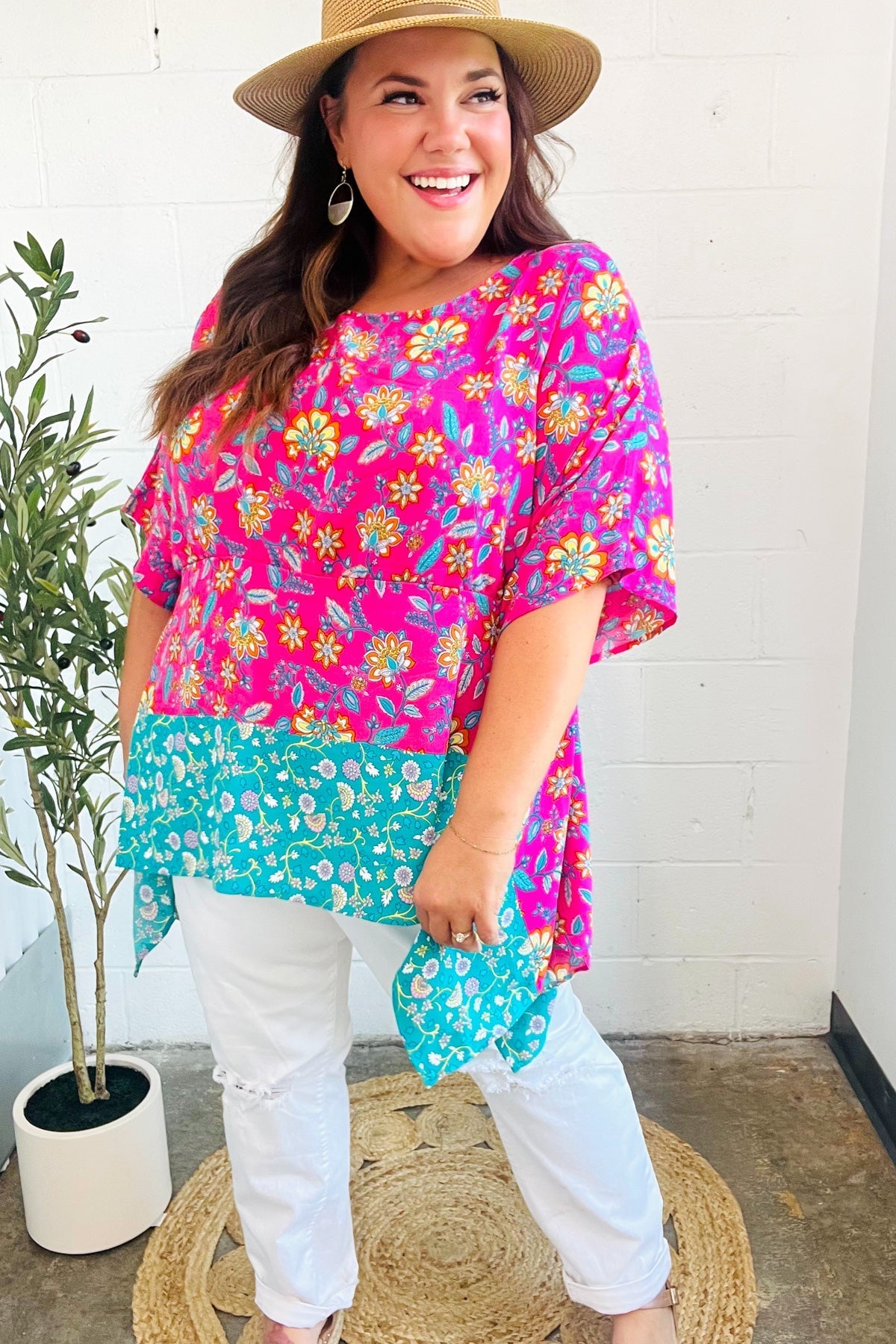 Vacay Ready Fuchsia Paisley Floral Dolman Sleeve Shark Bite Top (Open Pack)